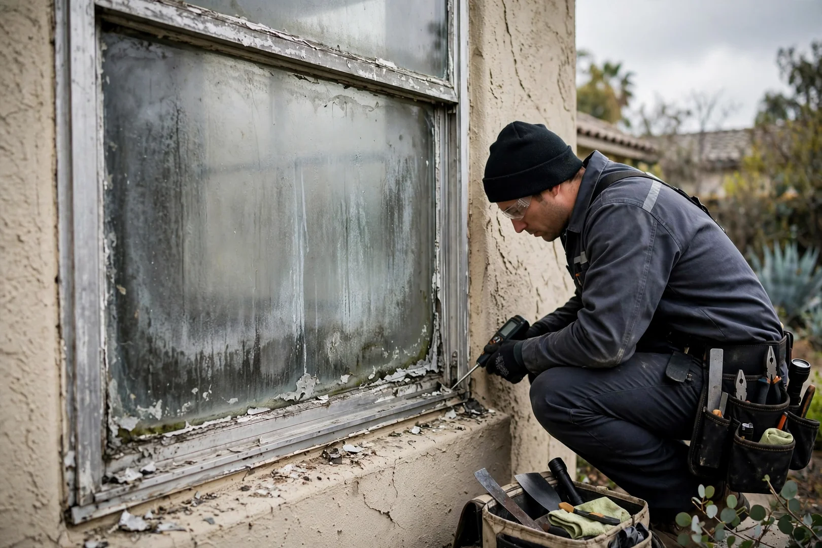 Old aluminum frame window before removal showing worn glazing and condensation staining