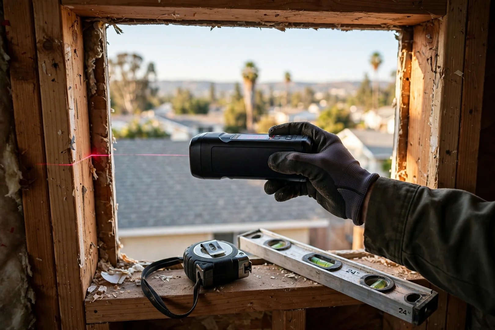 Laser measuring tool checking rough opening dimensions during window evaluation