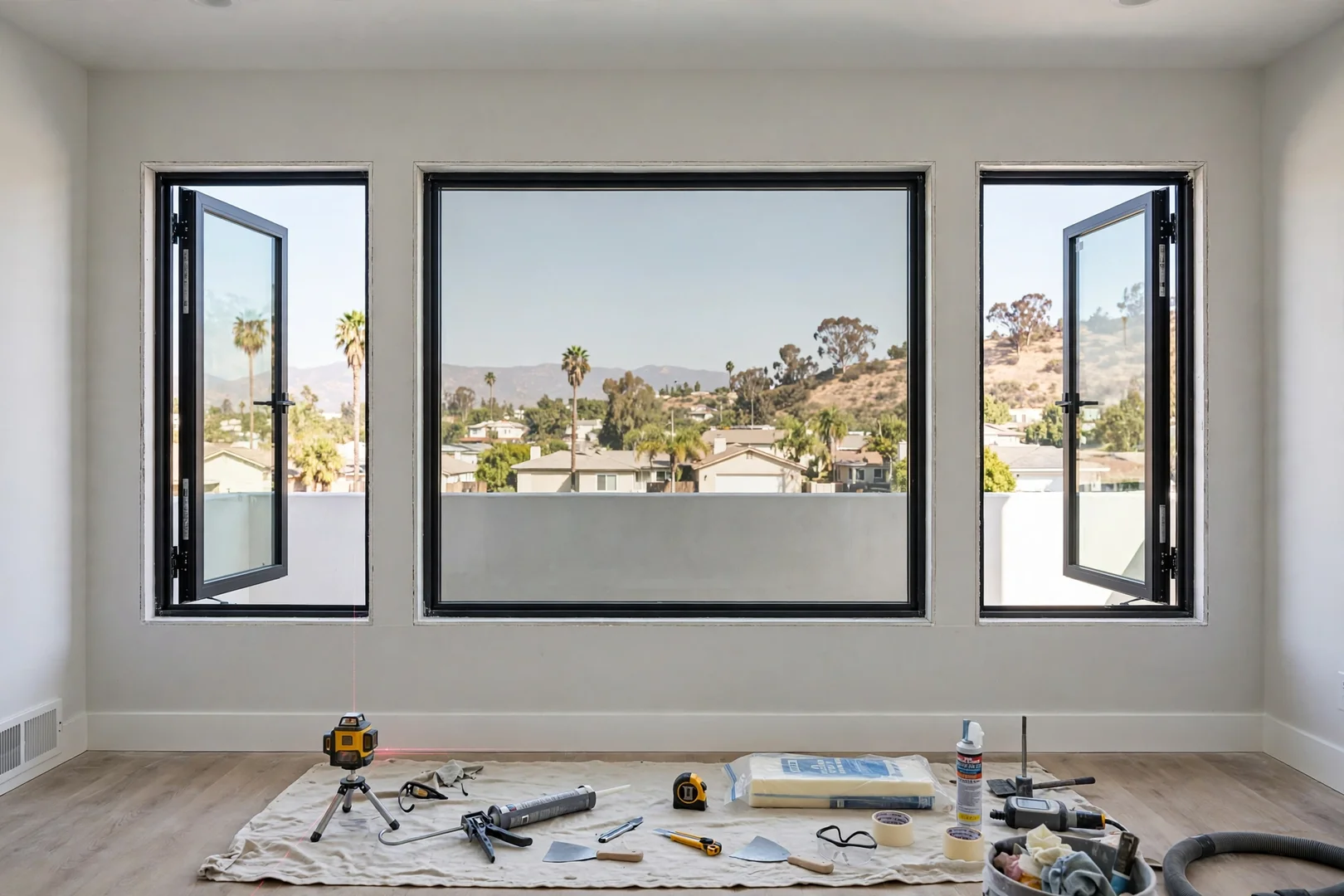 Finished picture and casement combination with low-E glass in a living room