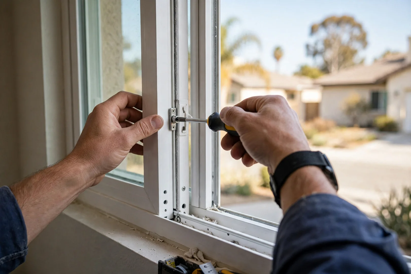 Installer performing operation test and lock adjustment on new sliding window sash