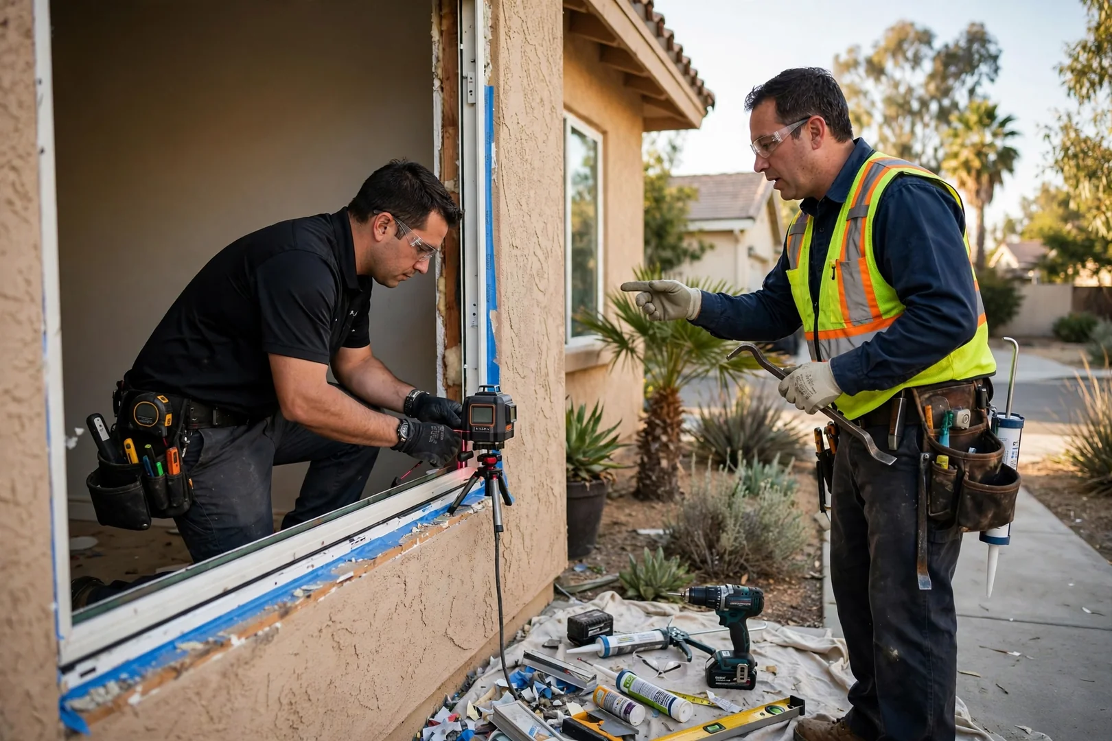 Installer setting an insulated glass window unit level in a prepared opening
