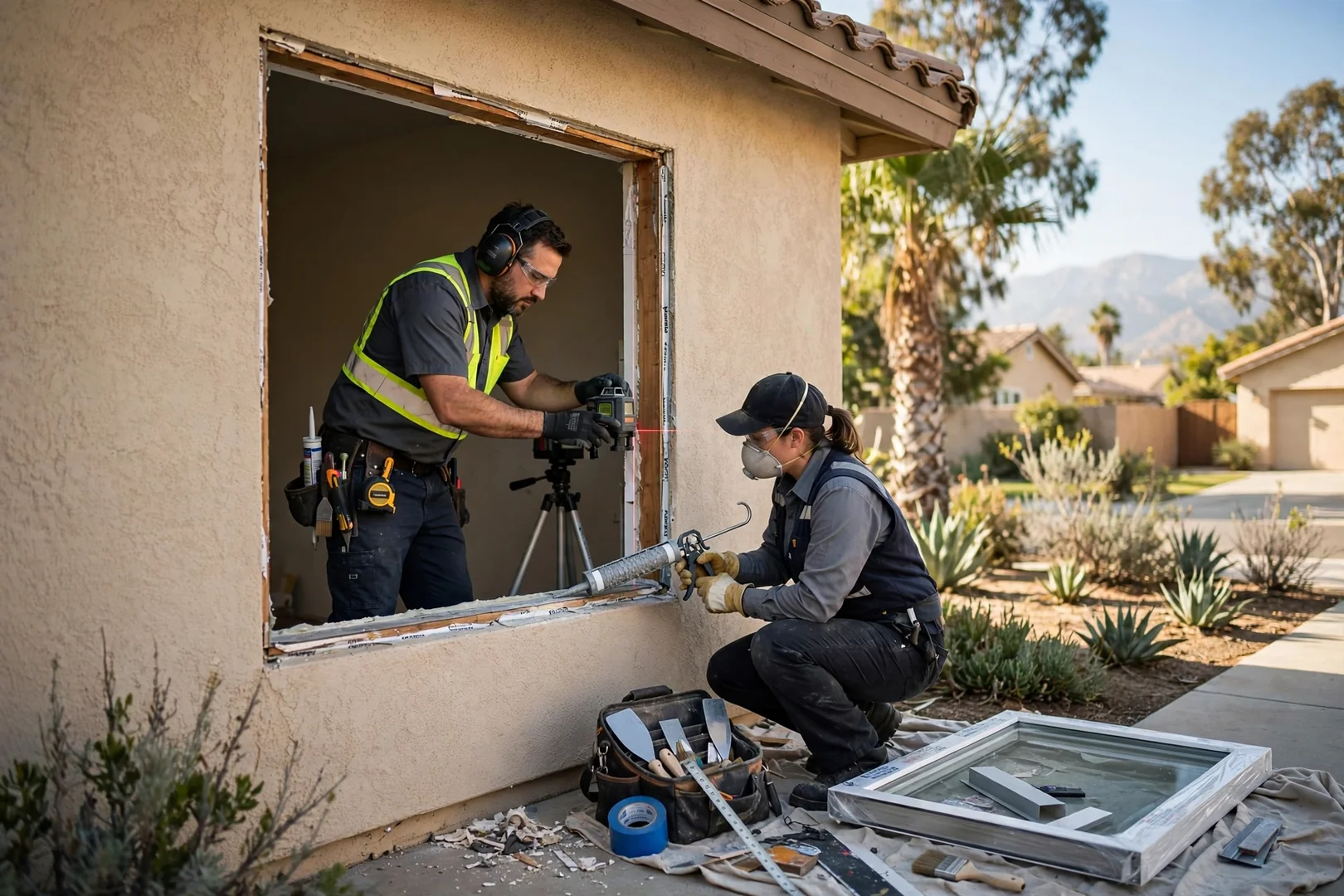 Installer measuring a large fixed picture window opening in a West Covina living room