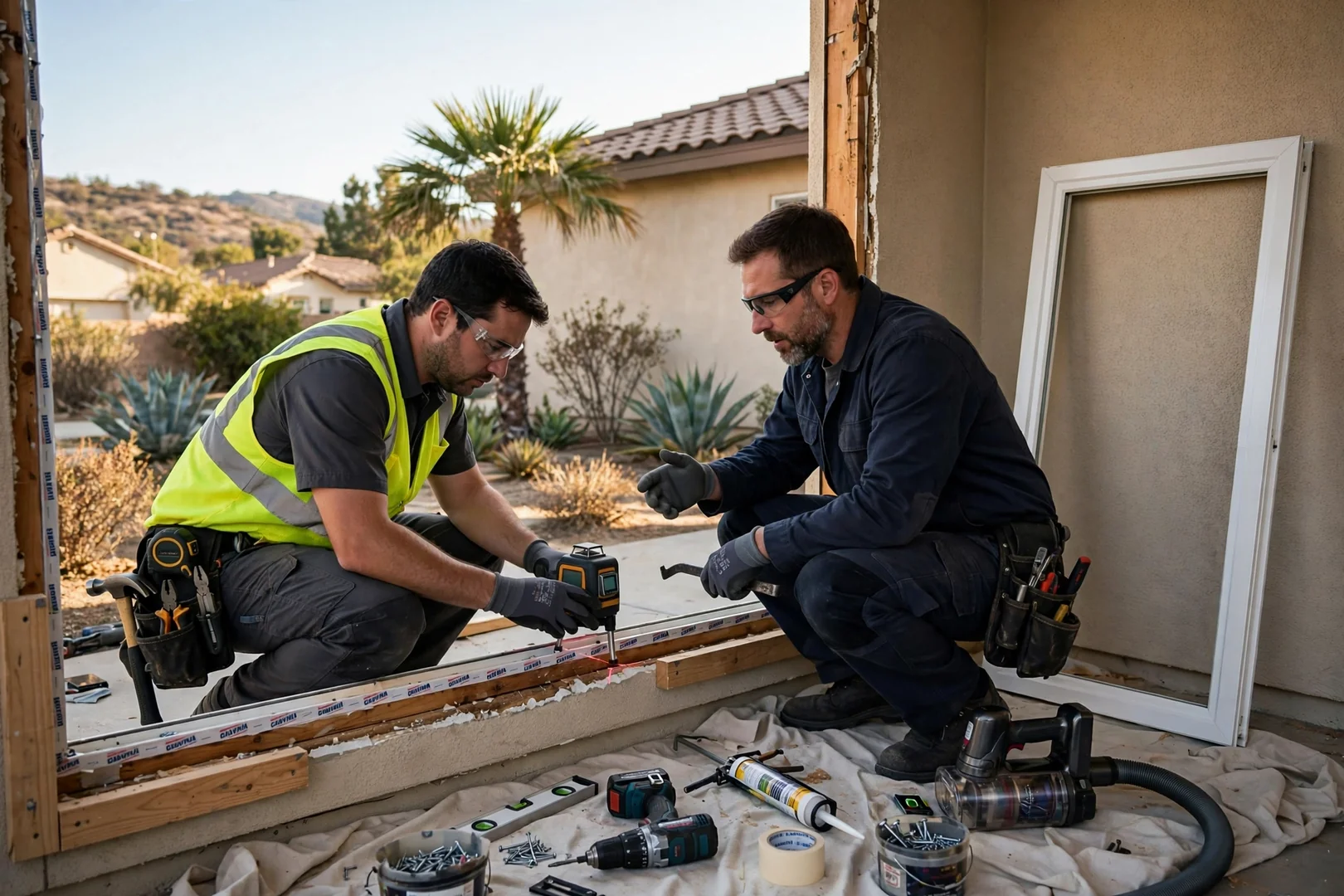 Technicians setting a large fixed glass unit into a prepared window opening on a home