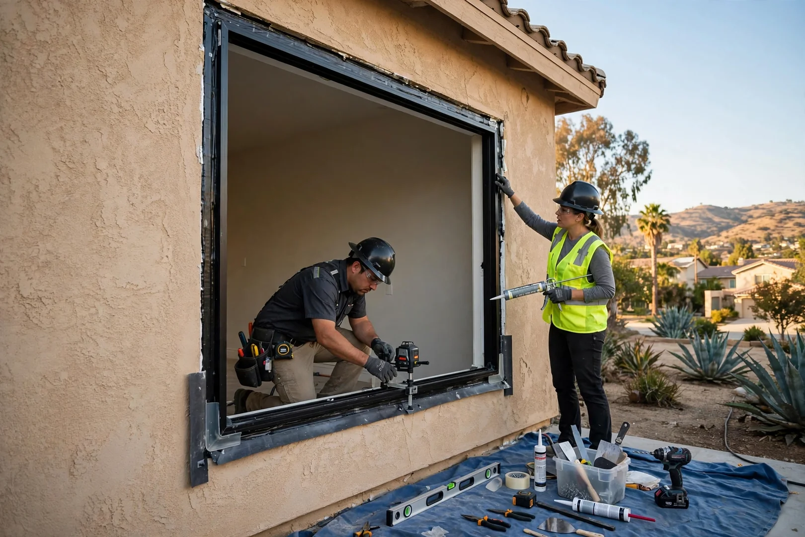 Large fixed picture window installed in a West Covina stucco home exterior wall