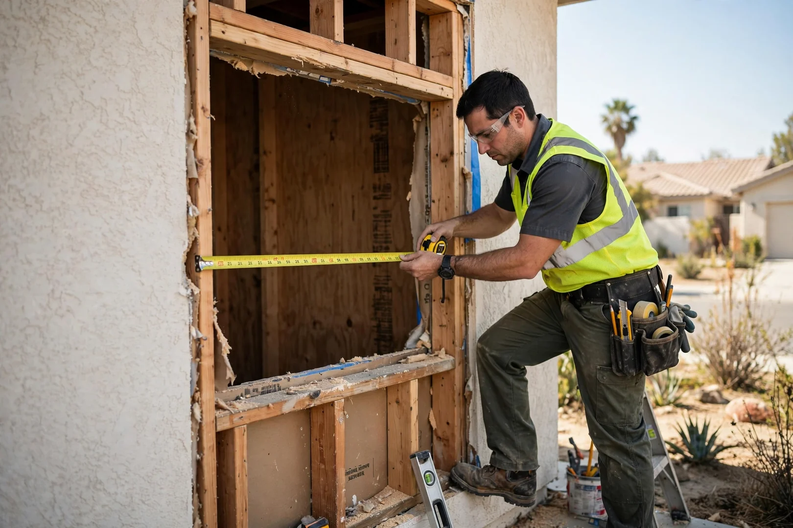Technician measuring a rough opening with tape before picture window installation