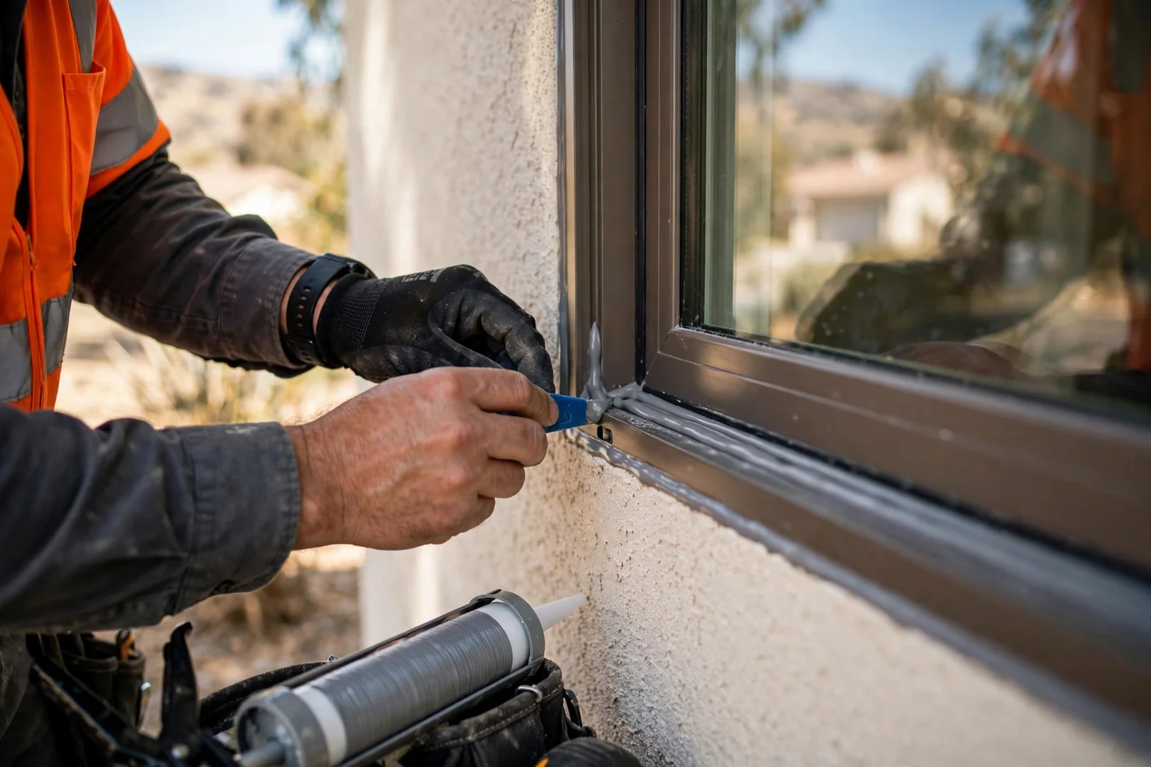 Close-up of tooled exterior sealant joint along a new picture window frame