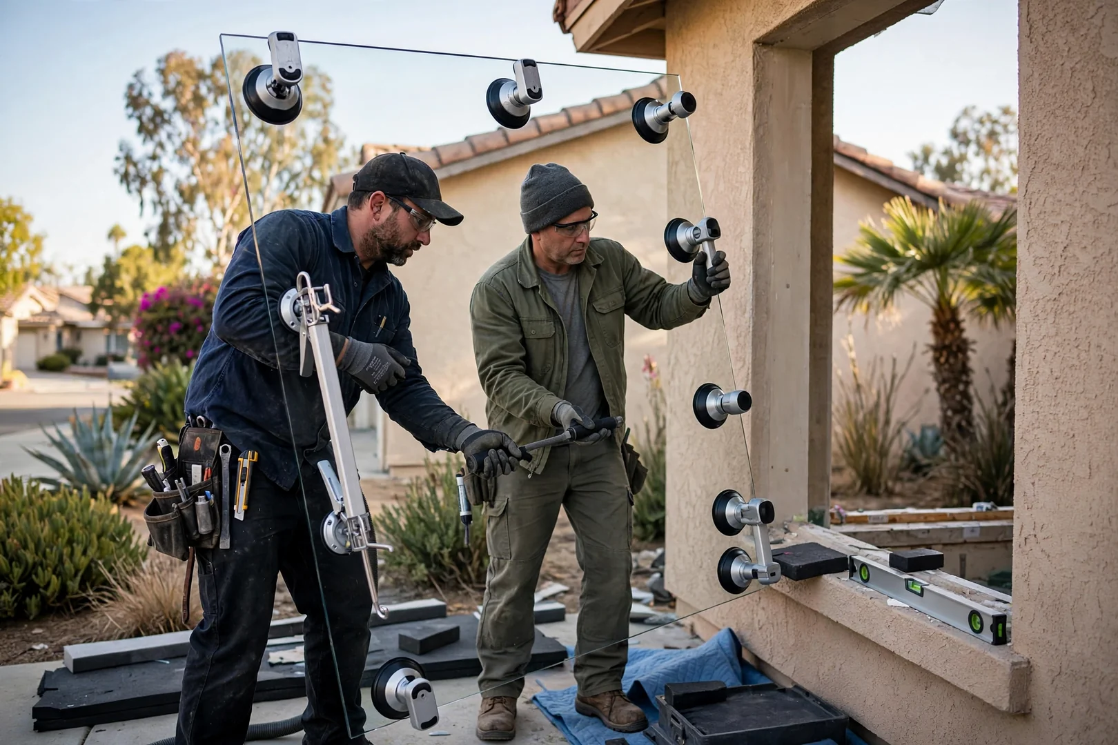 Two installers setting an oversized insulated glass unit with vacuum lifting cups