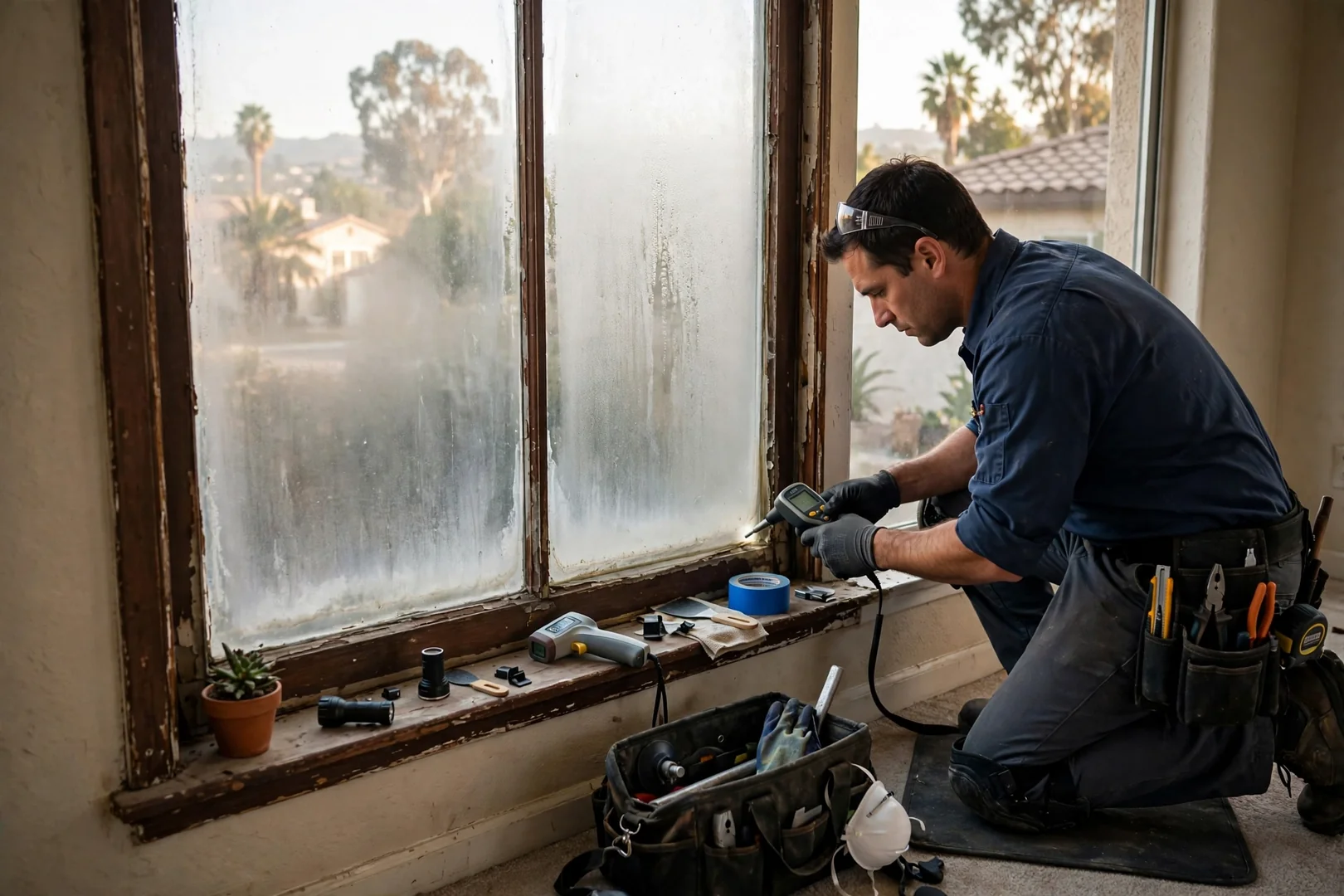 Aged single-pane picture window with fogged seal before replacement work begins