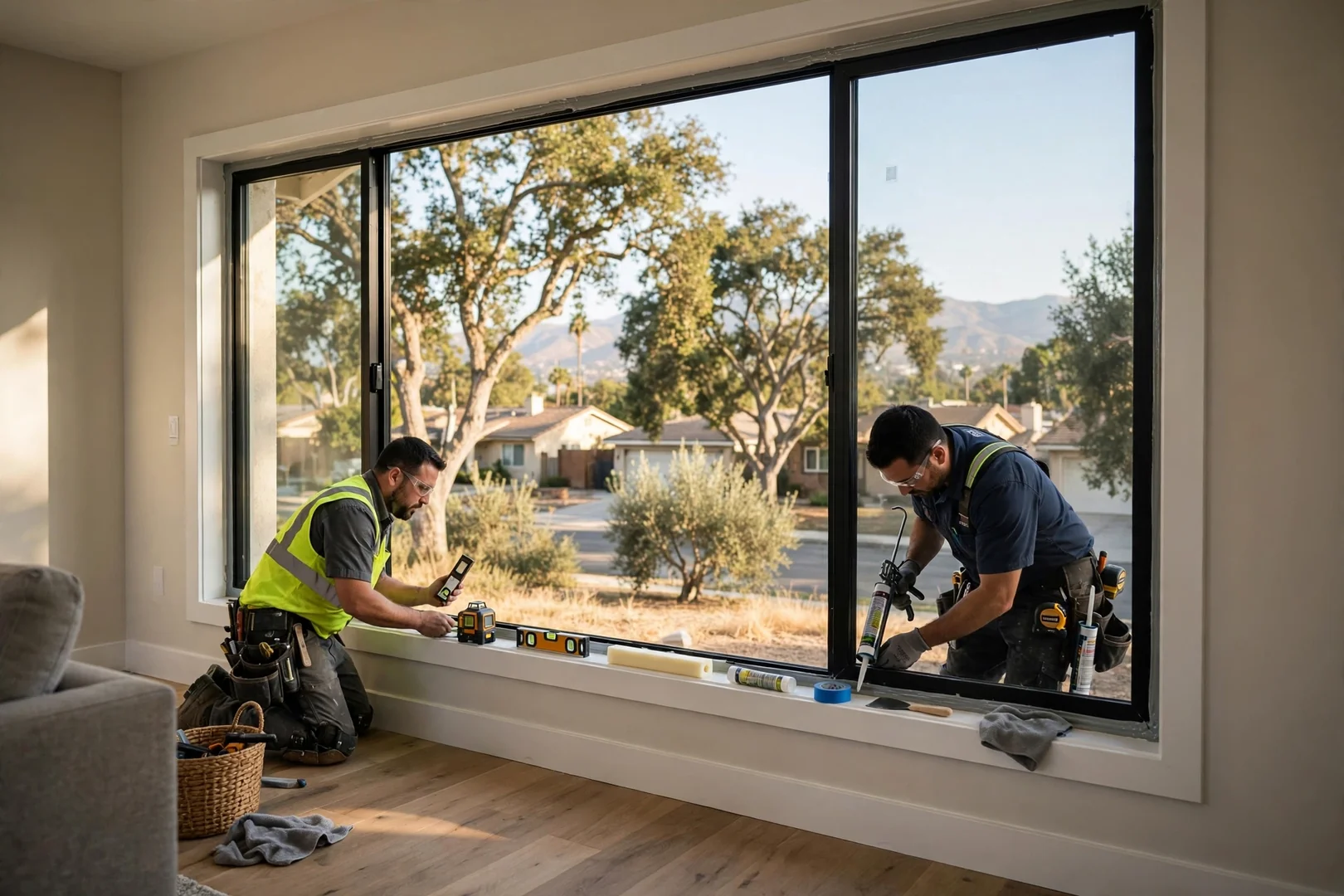 Finished living room picture window framing a clear view of neighborhood trees