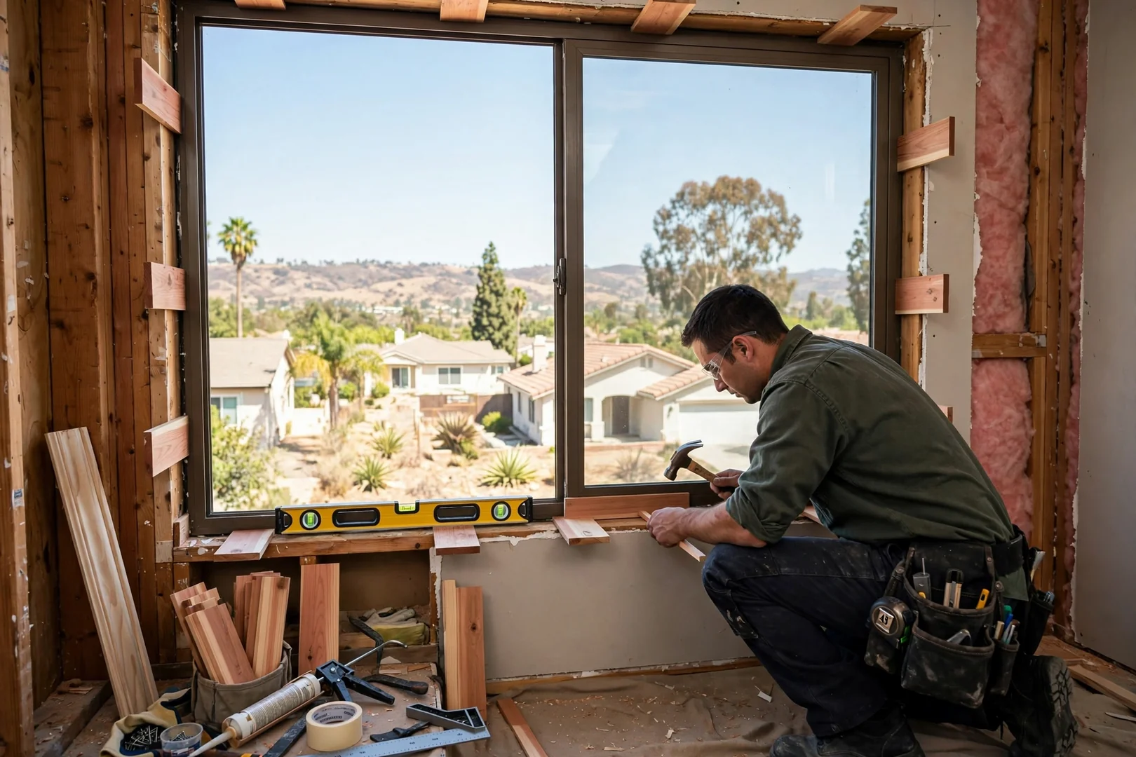 Interior trim and shims aligned around a newly leveled fixed window unit