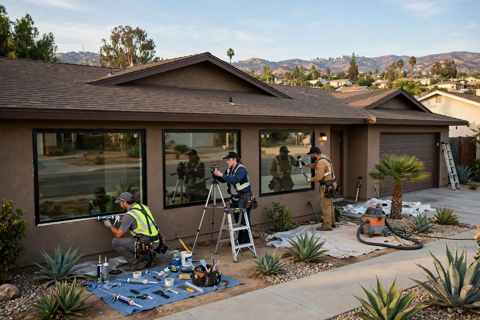 Wide view of ranch style home with three new picture windows across the front