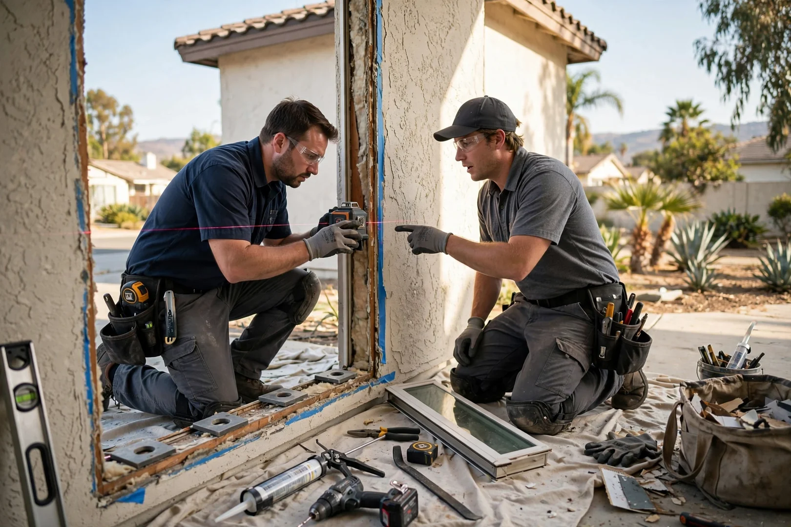Technicians setting a large fixed glass unit with suction lifters