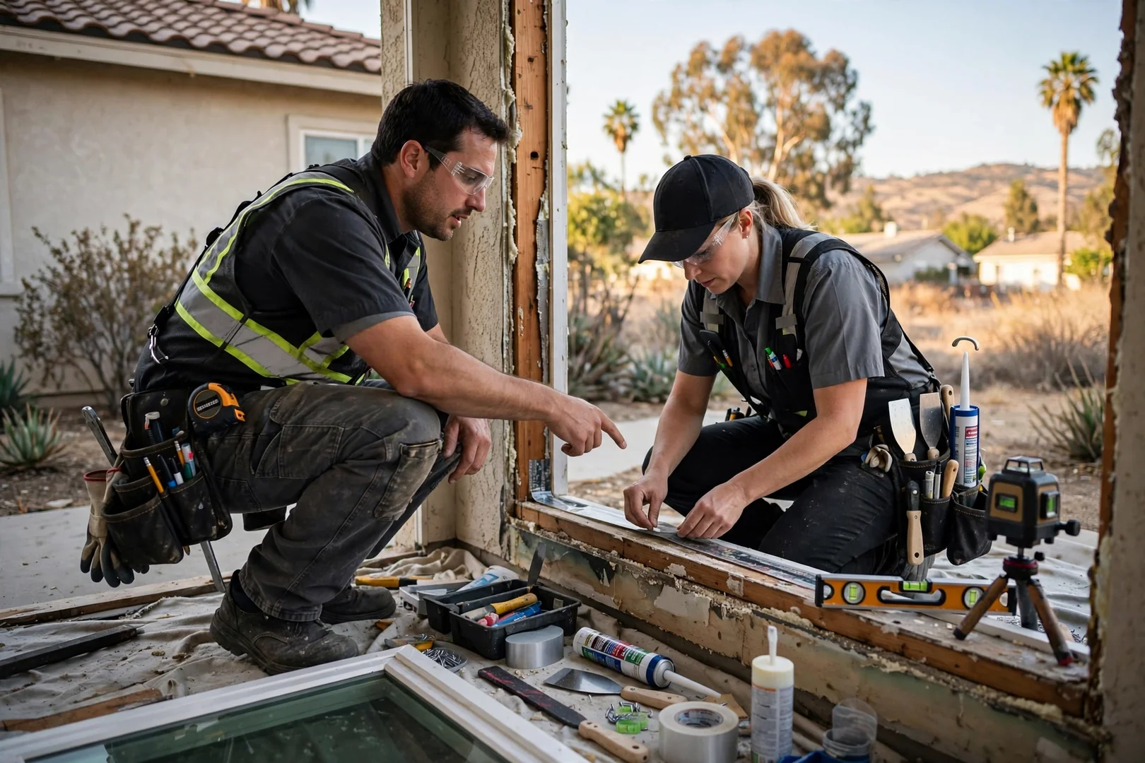 Technician measuring a sliding glass door opening during a cost assessment visit