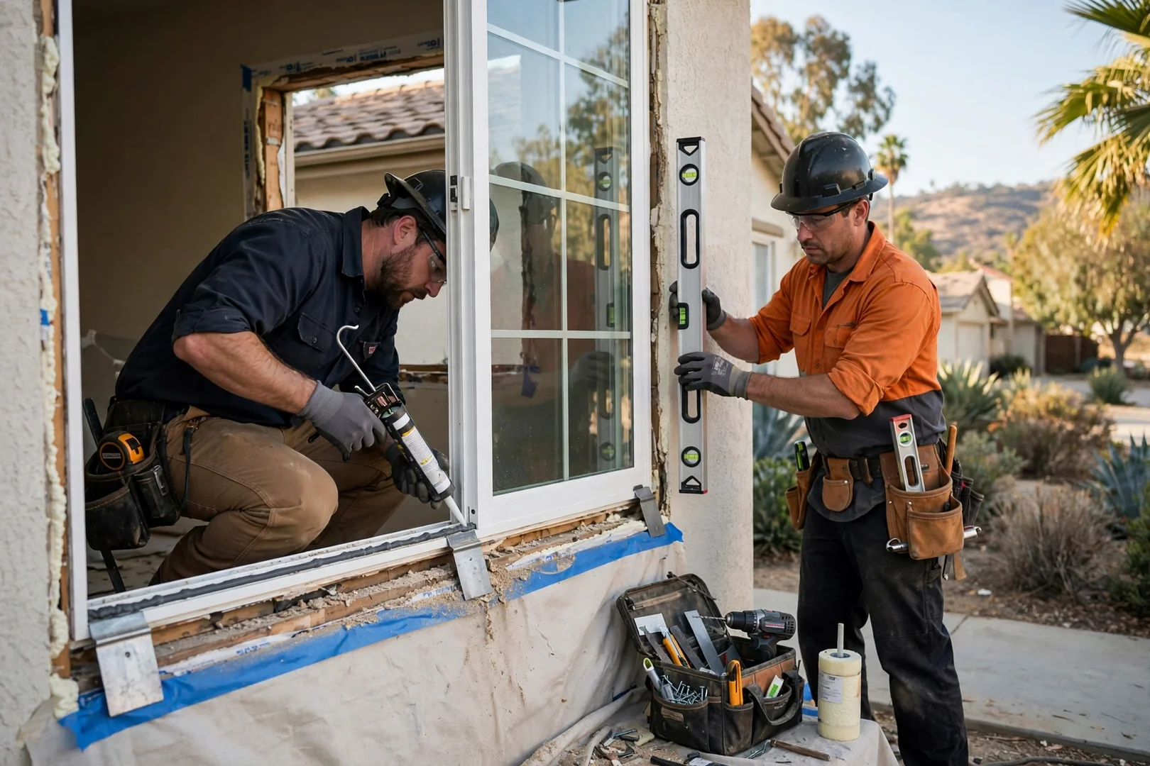 Technician aligning a new sliding glass patio door panel in a West Covina home