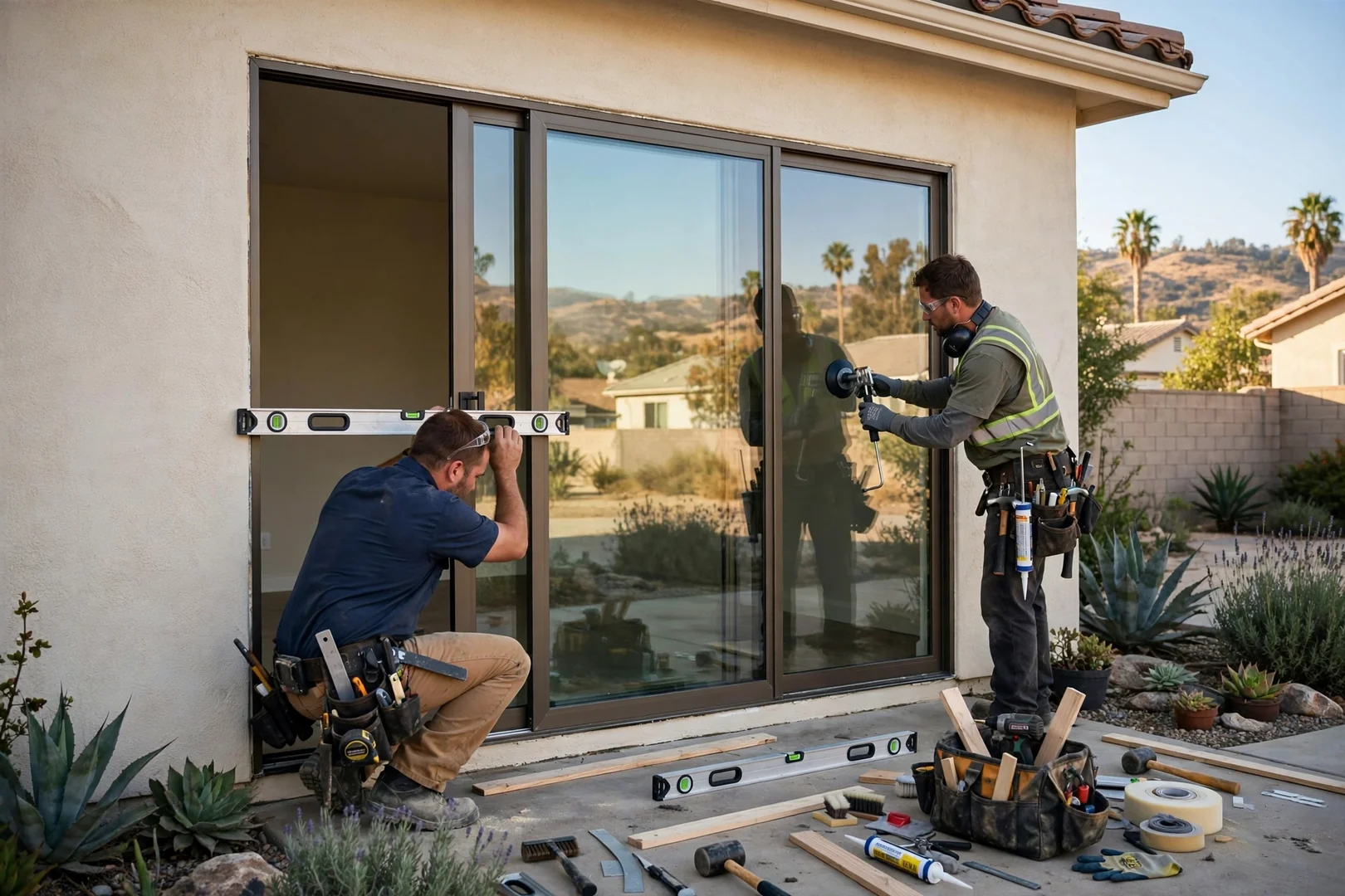 Wide three-panel sliding glass door installed across a West Covina patio wall
