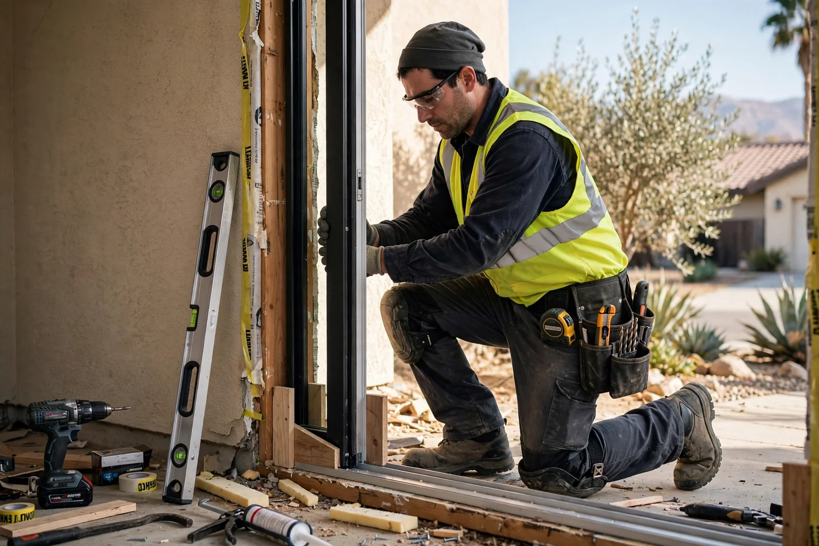 Technician setting a new sliding door frame into a prepared rough opening