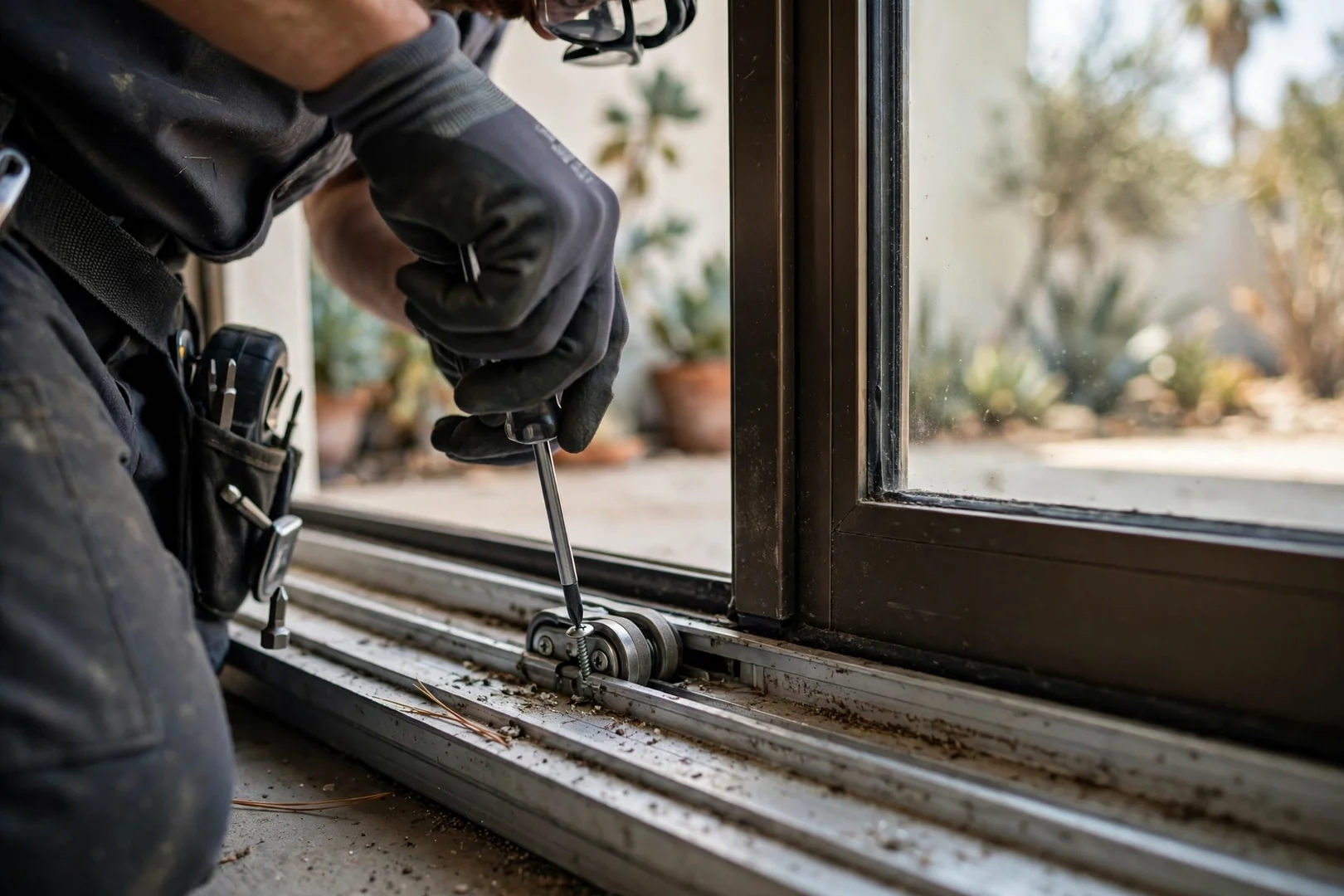 Close-up of tandem roller adjustment along the bottom track of a patio door
