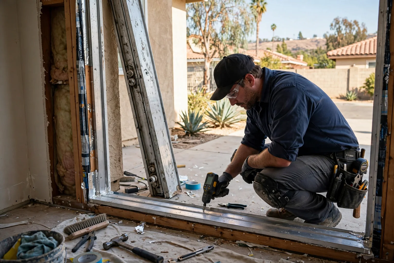 Old aluminum sliding door removed showing exposed framing and sill pan