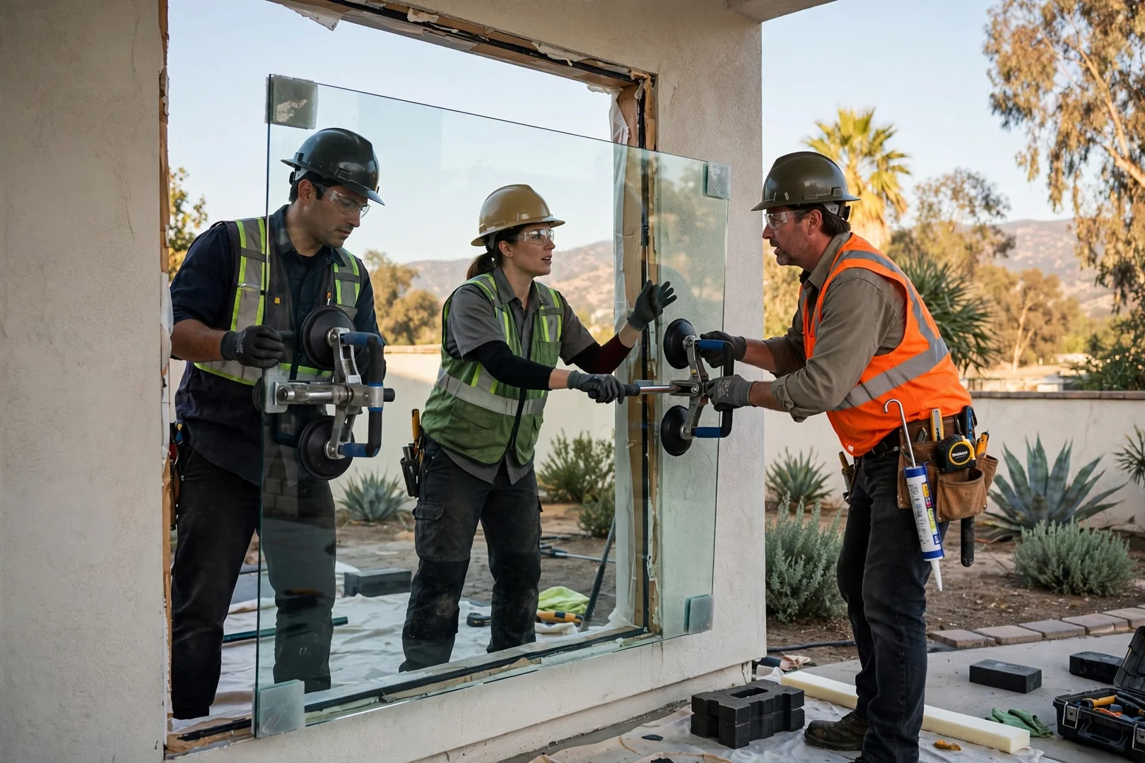 Crew using suction lifters to position a large tempered glass panel outdoors