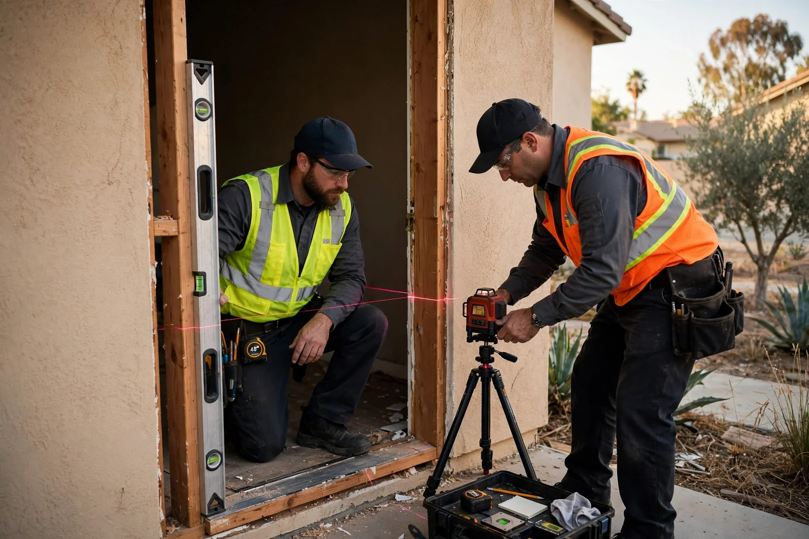 Level and laser measuring tools checking a sliding door opening for square