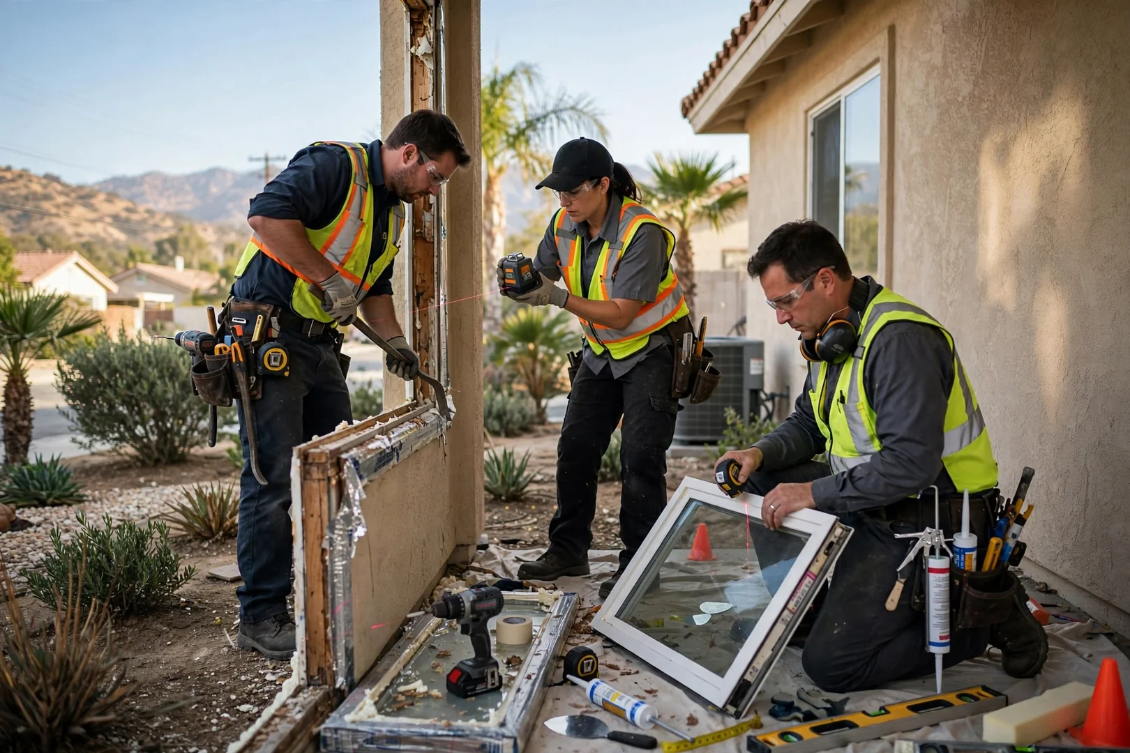 Installers setting a new sliding glass door panel plumb and level