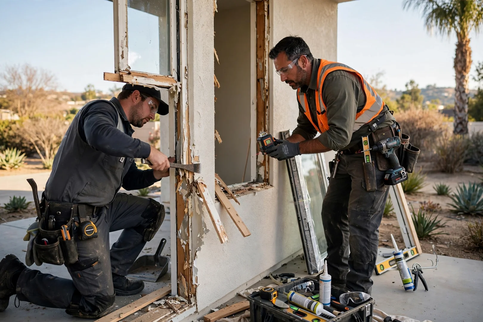 Technician setting a new insulated glass unit into a residential window frame
