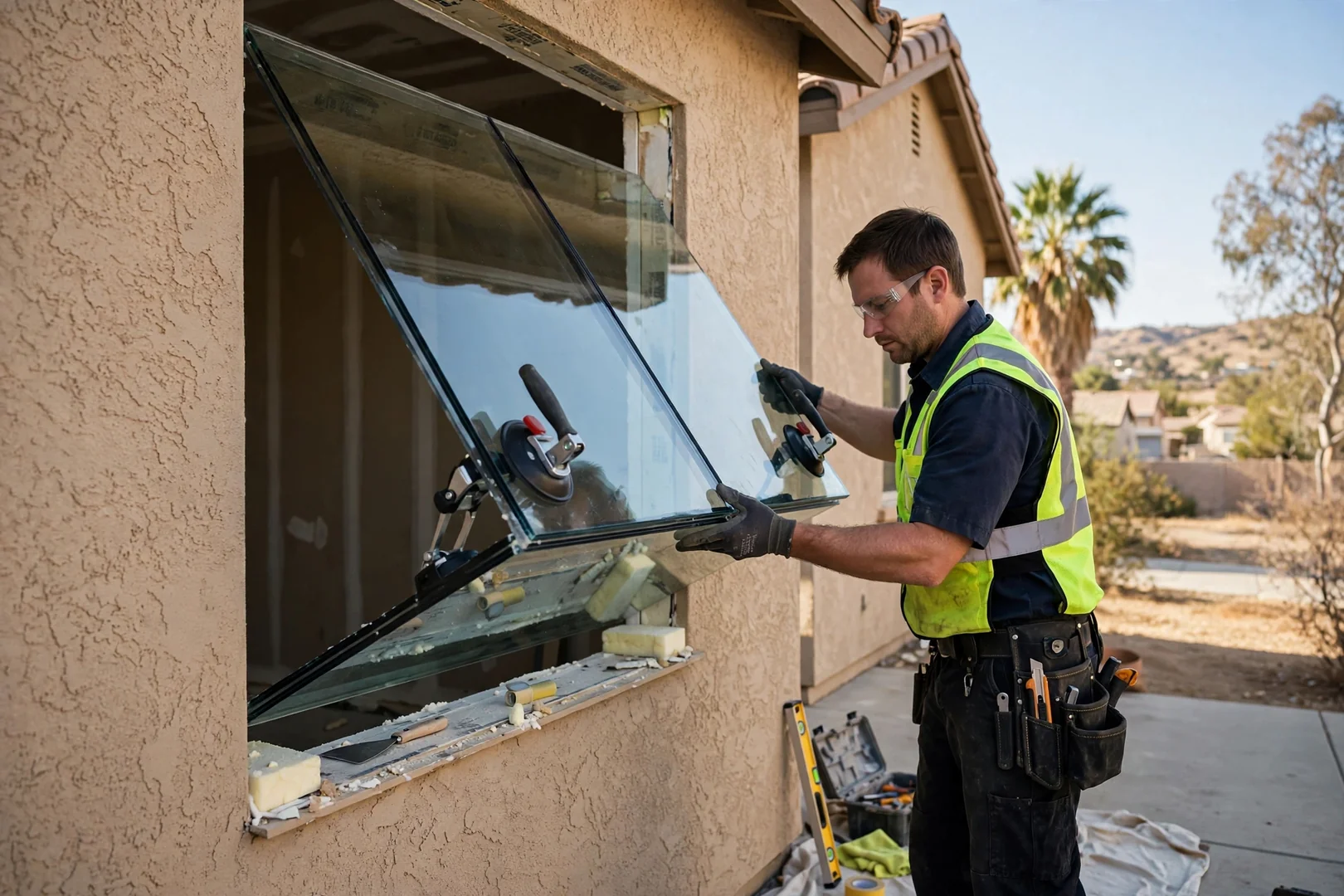 Technician using suction lifters to set a new insulated glass unit in a stucco home