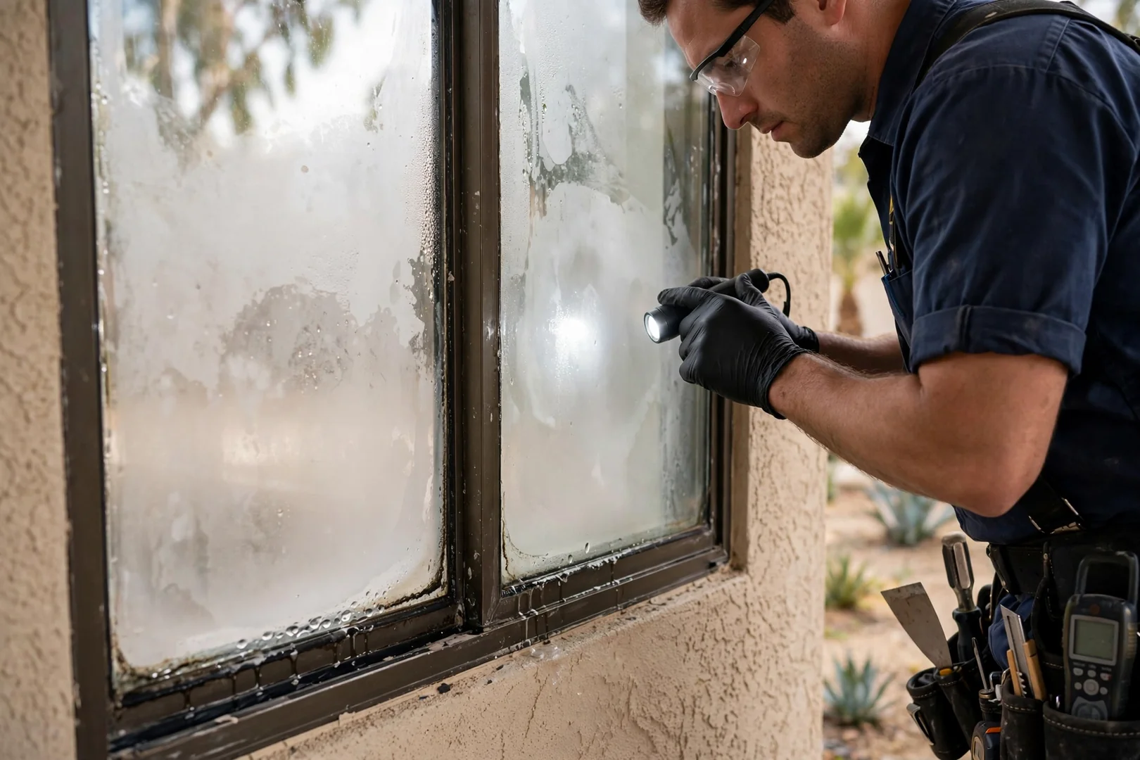 Close-up of failed double pane window showing moisture fogging between glass layers