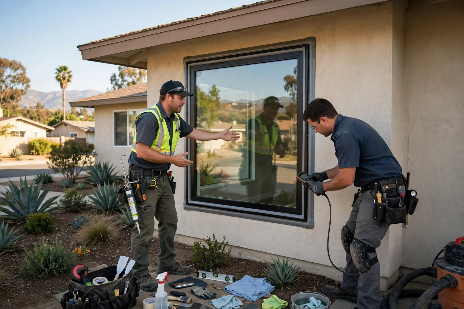 Completed clear picture window glass replacement on a West Covina ranch style house