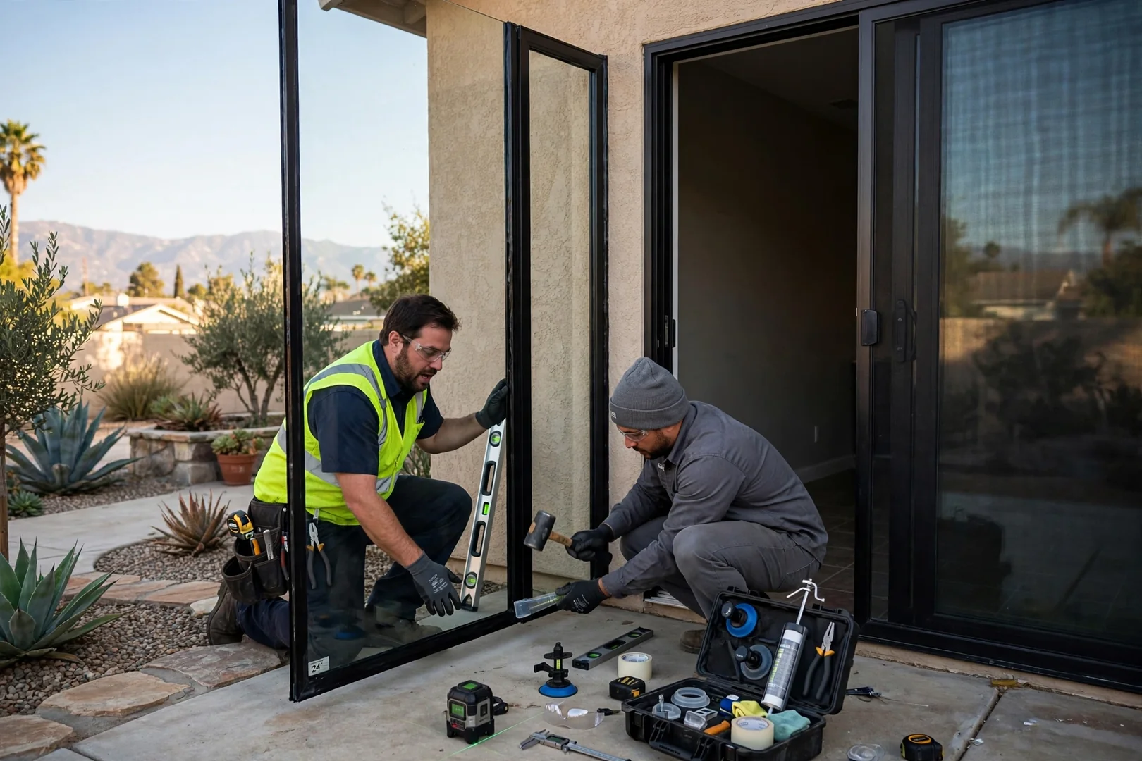 Tempered safety glass panel installed beside a patio door entry for code compliance