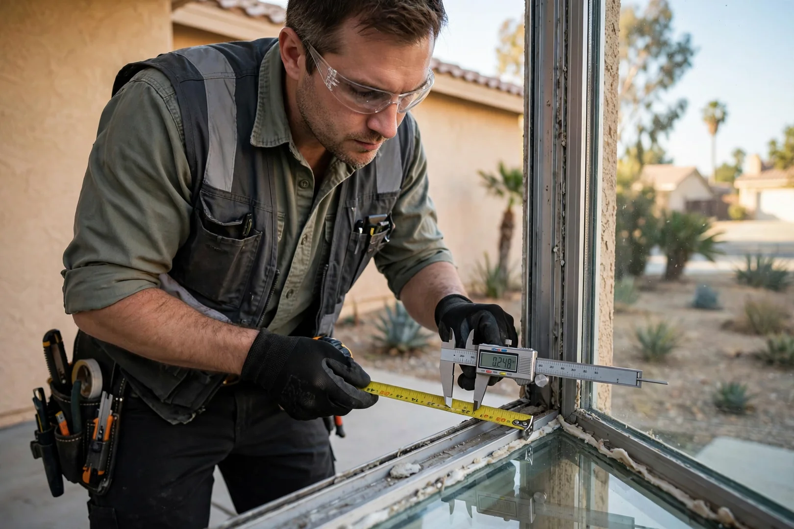 Digital caliper and tape measure recording glass thickness during a field evaluation
