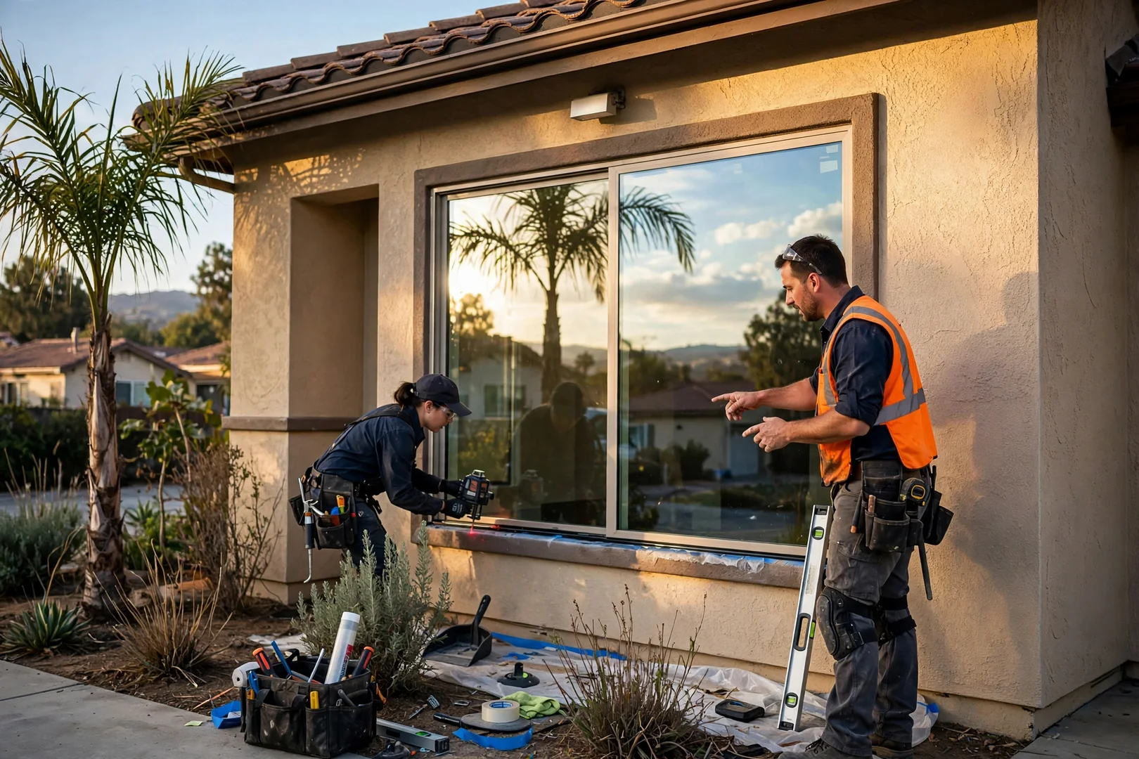 Finished low-E glass replacement reflecting afternoon light across a residential facade