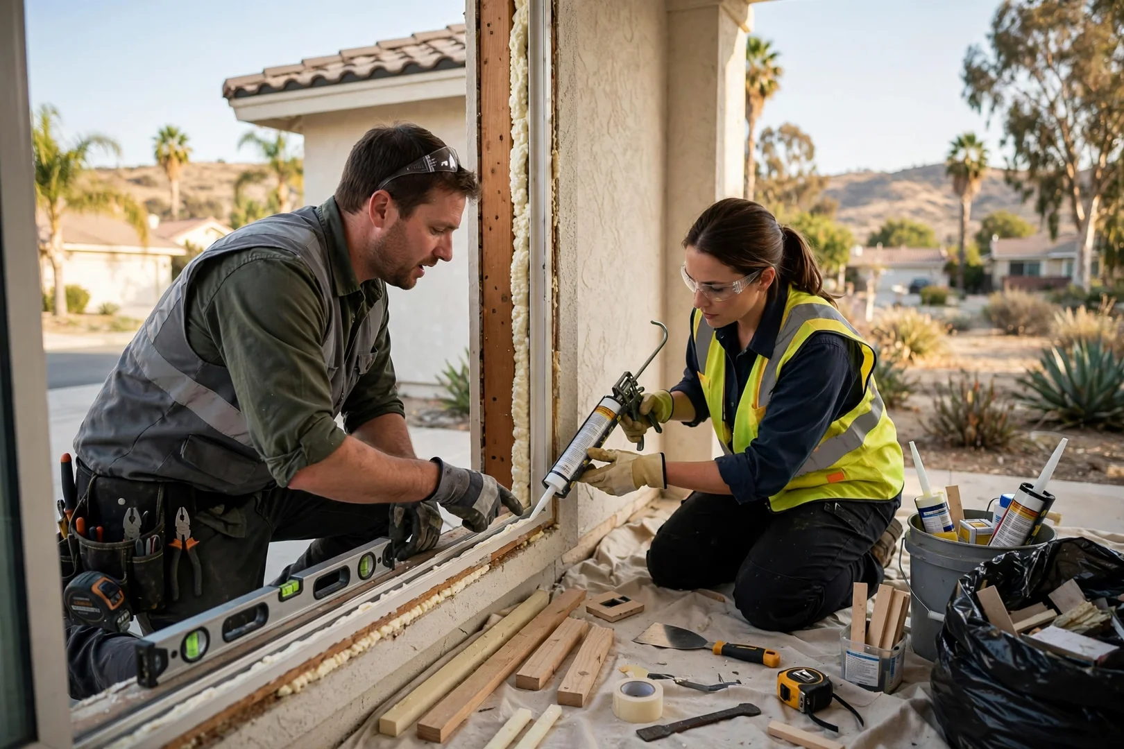 Technician measuring a damaged window sash during a repair cost assessment