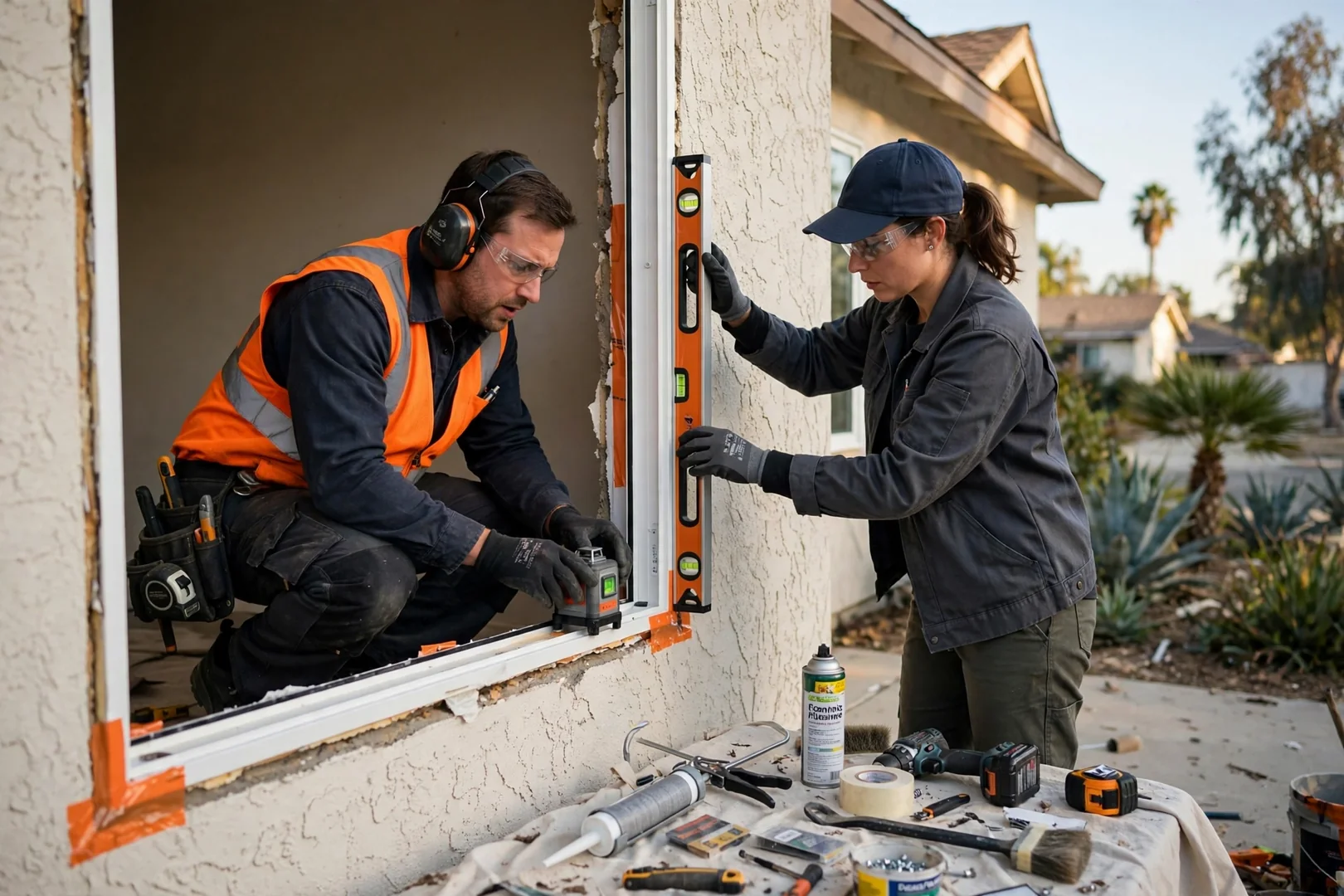 Technician tensioning a window balance system inside a West Covina home during repair work