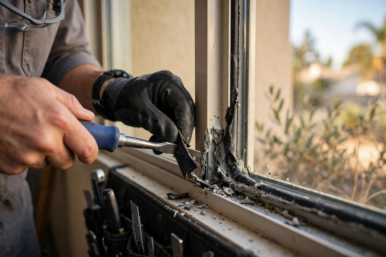 Close-up of failed glazing bead removal before insulated glass unit resetting