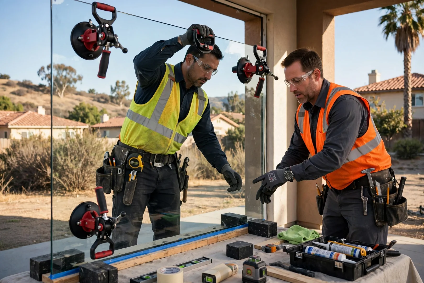 Suction-cup lifters positioned on a large fixed pane during careful glass handling