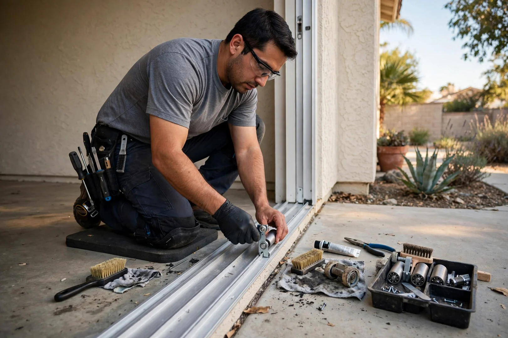 Aluminum slider track cleaned and fitted with new rollers on a stucco home