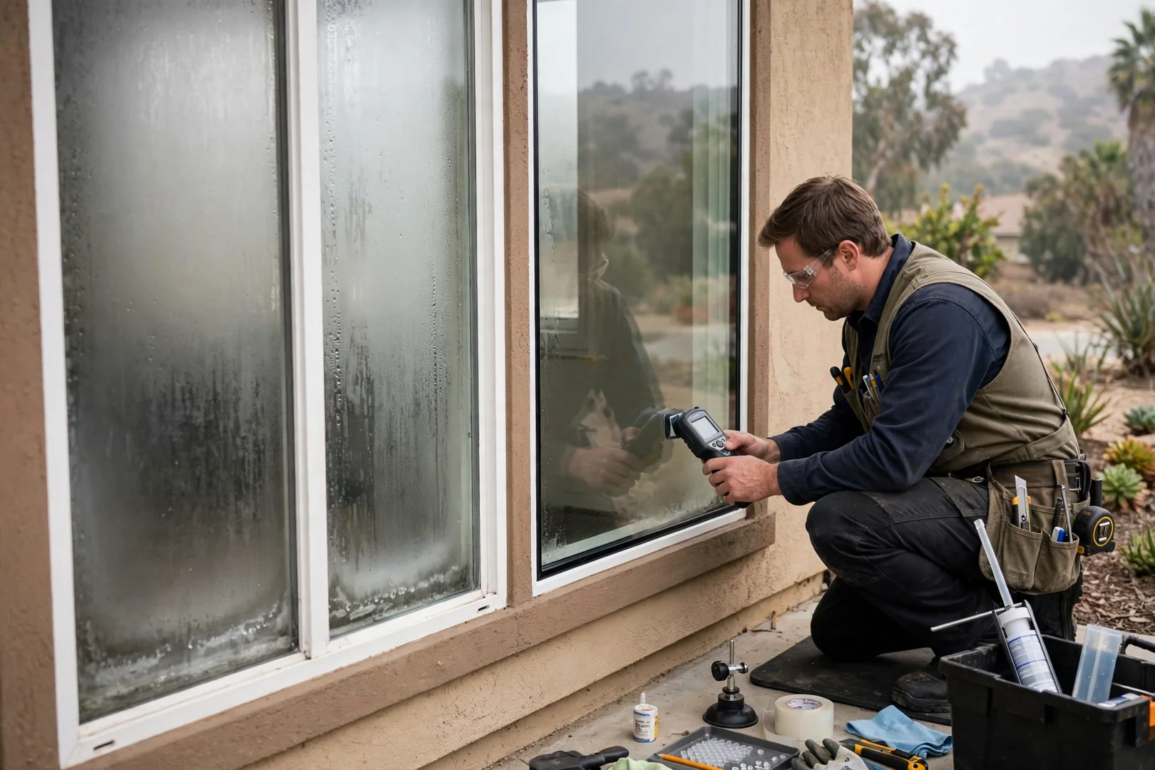 Foggy sealed unit showing seal failure next to a restored clear pane