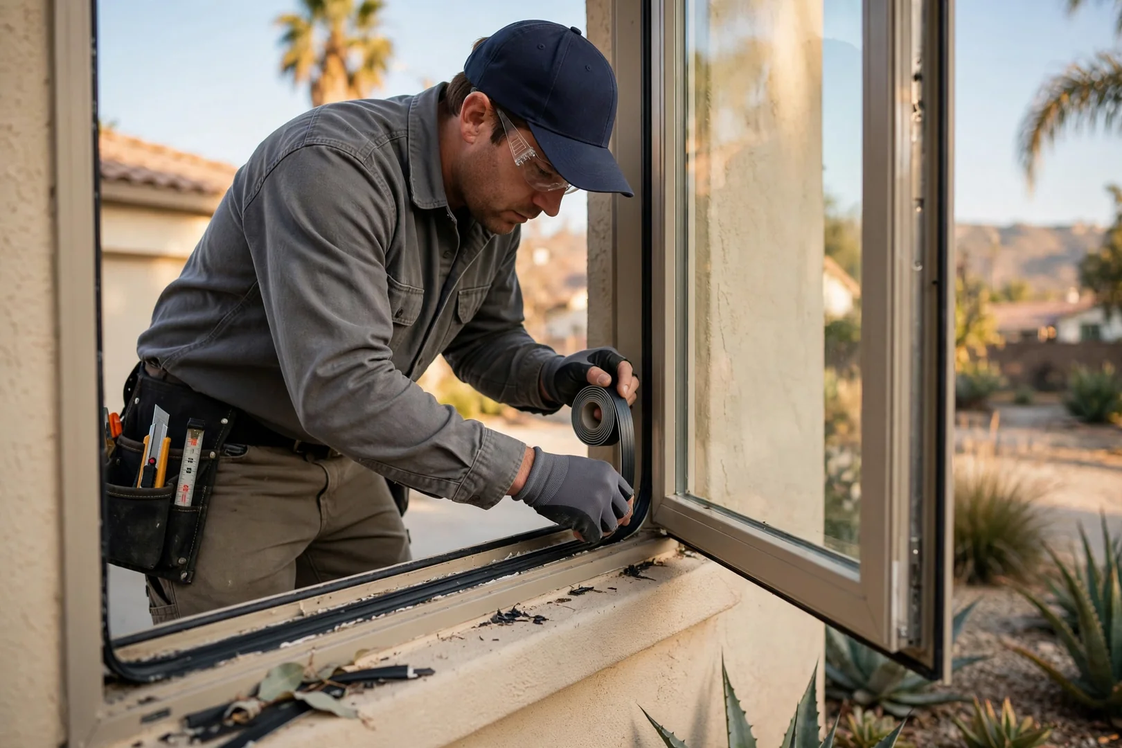 Worker applying fresh weatherstripping along a casement frame perimeter outdoors