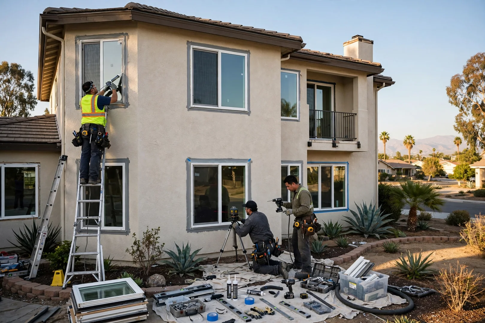 Wide shot of repaired windows across a two-story West Covina residential exterior