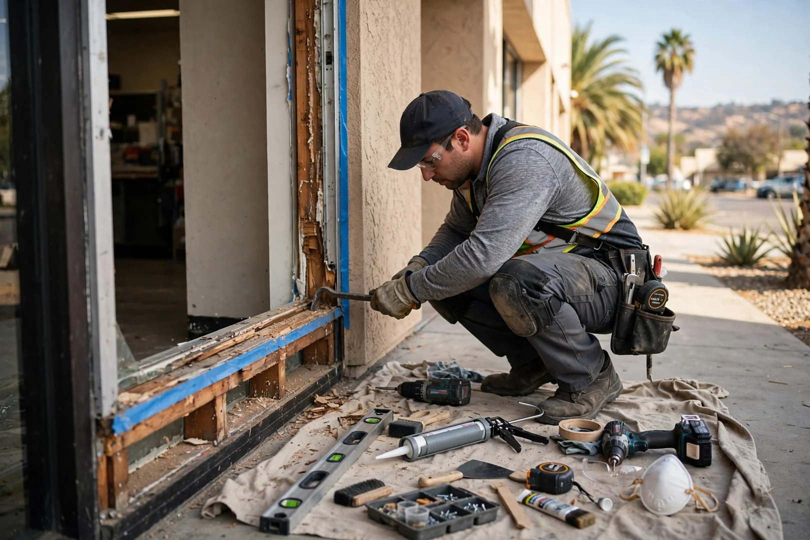 Storefront window frame repair in progress with tools staged on a drop cloth