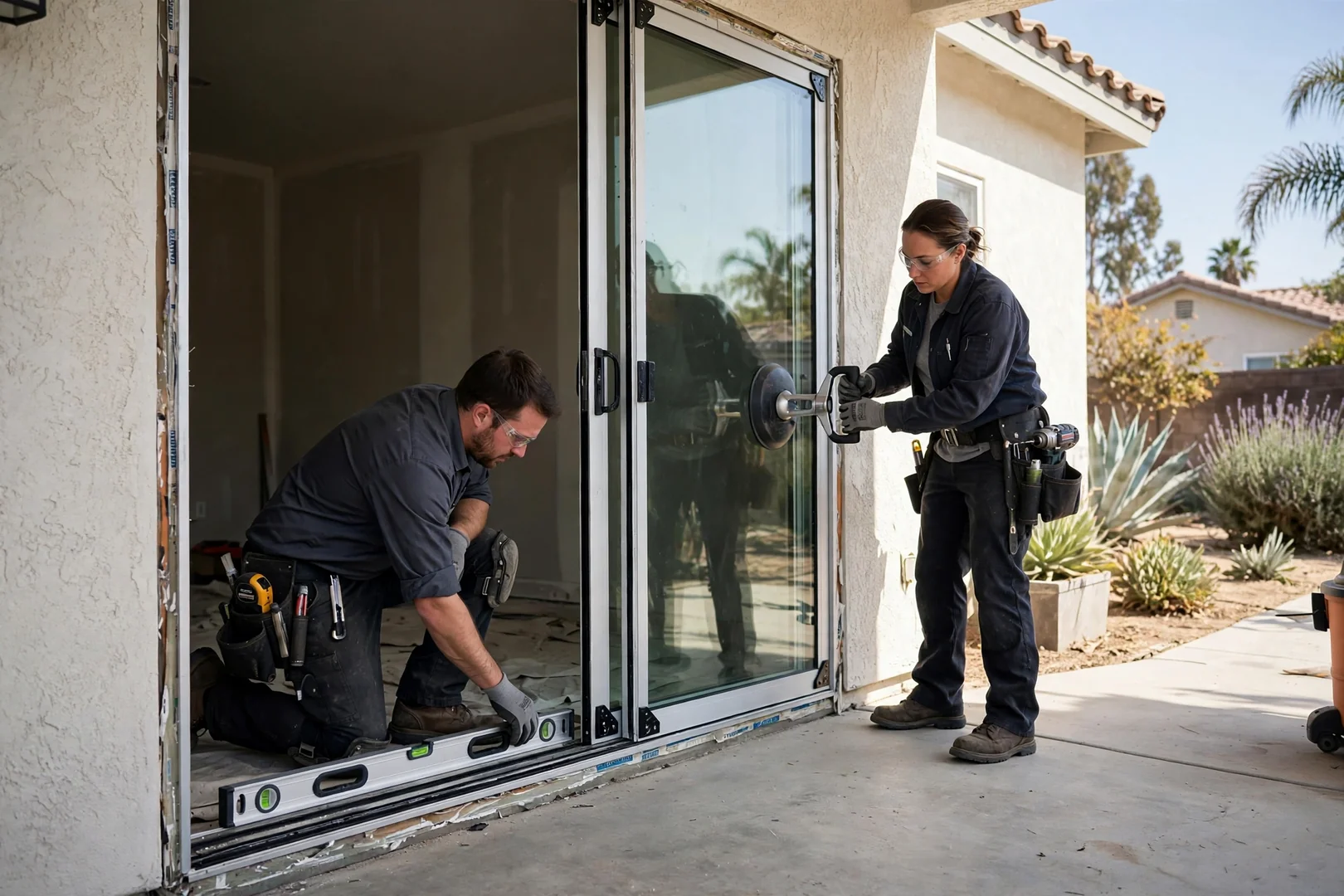 Installers aligning a new sliding glass door panel on a level track and rollers