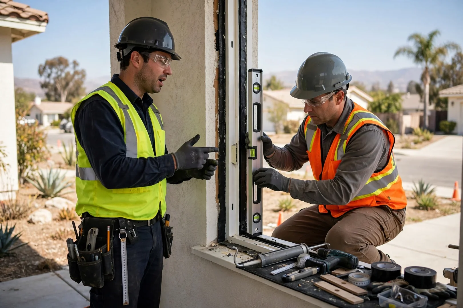 Technician measuring a window opening on a West Covina home