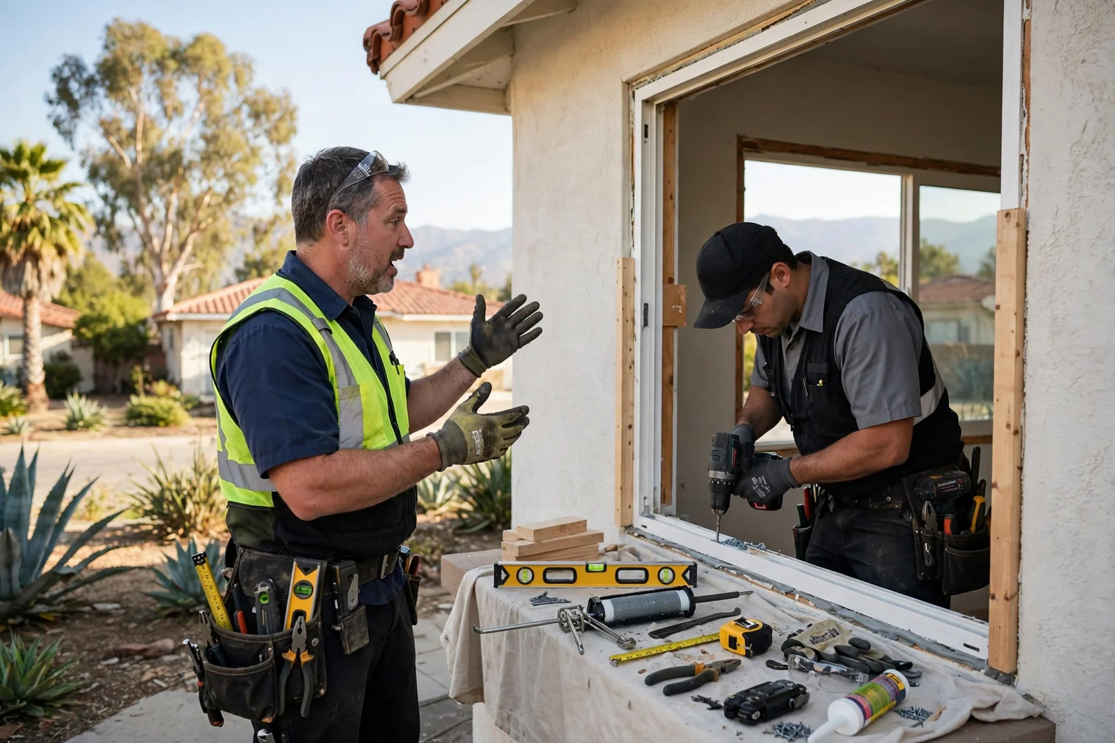 Technician reviewing completed window installation with homeowner during a post-job walkthrough
