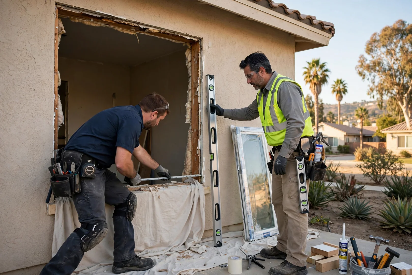 Technician measuring a window opening during a replacement estimate at a West Covina home