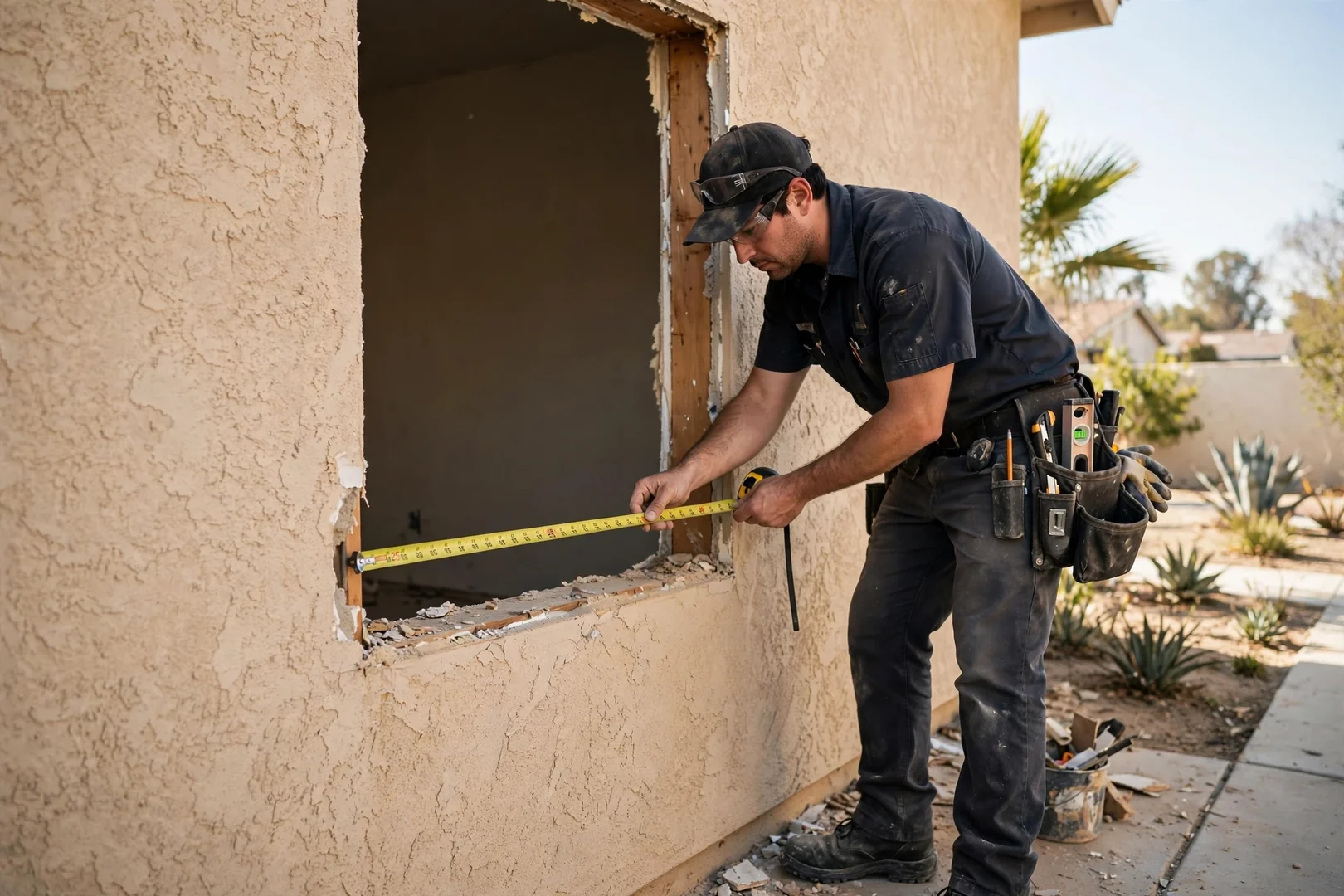 Technician measuring a stucco rough opening before window replacement on a West Covina home