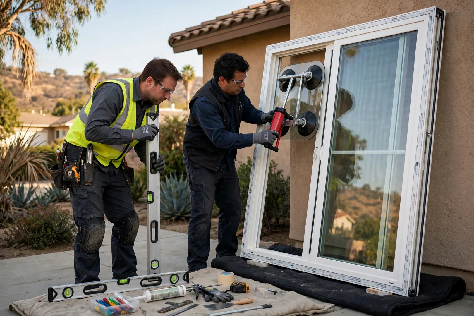Glass suction lifts and level tools staged beside a new double hung window unit