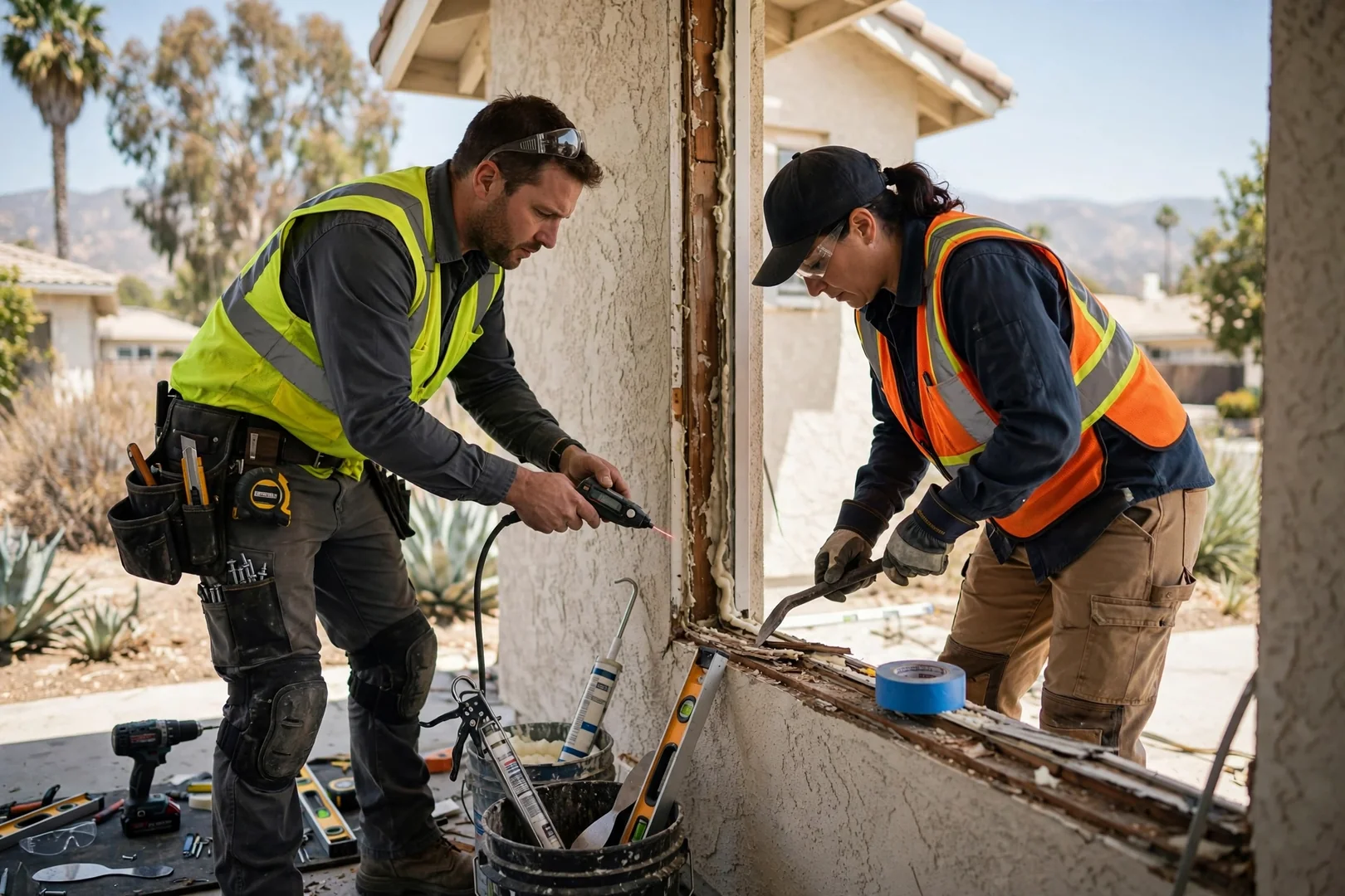 Technician reviewing window measurements and written estimate with homeowner at a West Covina residence