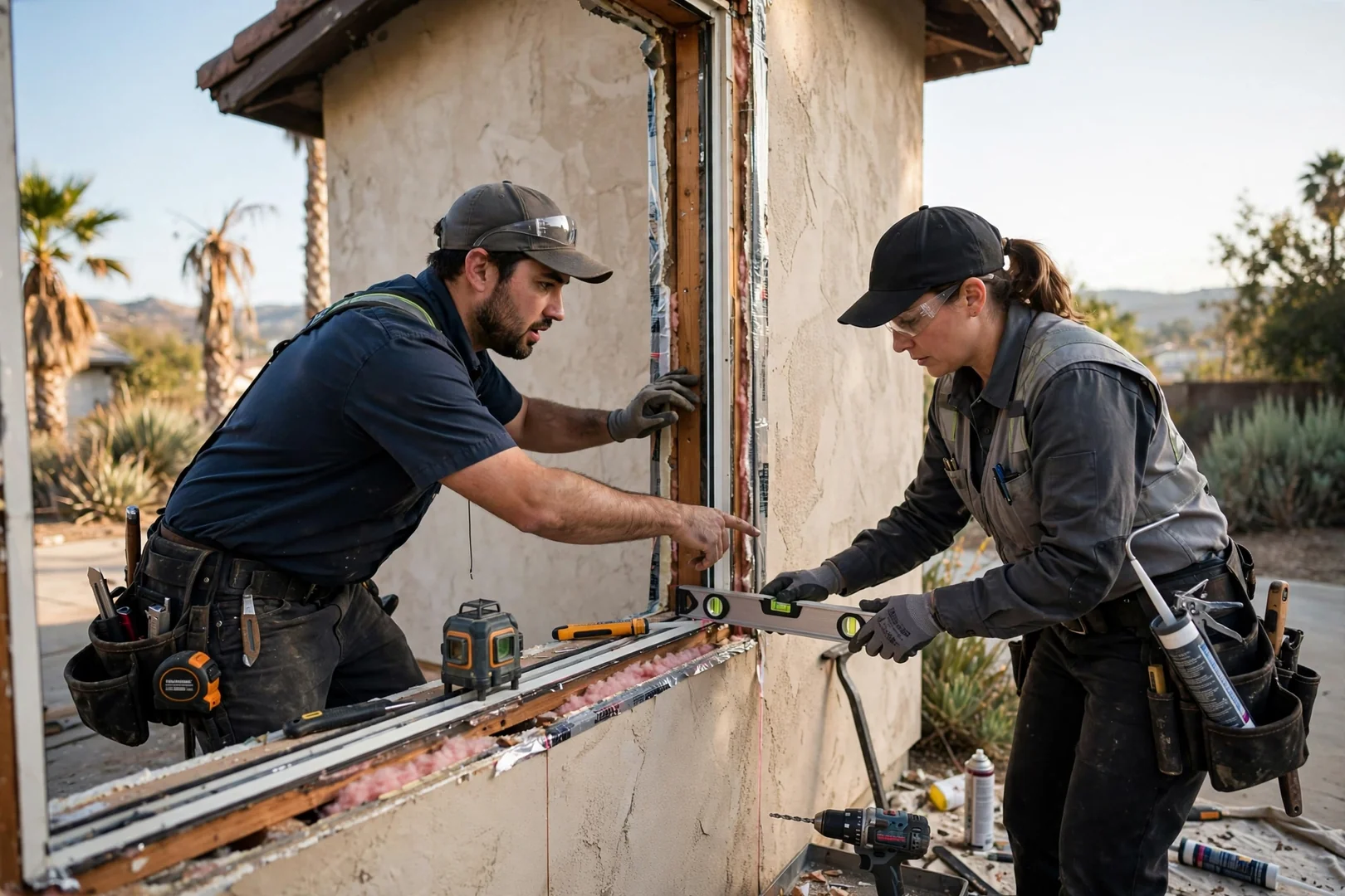 Technician inspecting a fogged double pane window frame on a West Covina home