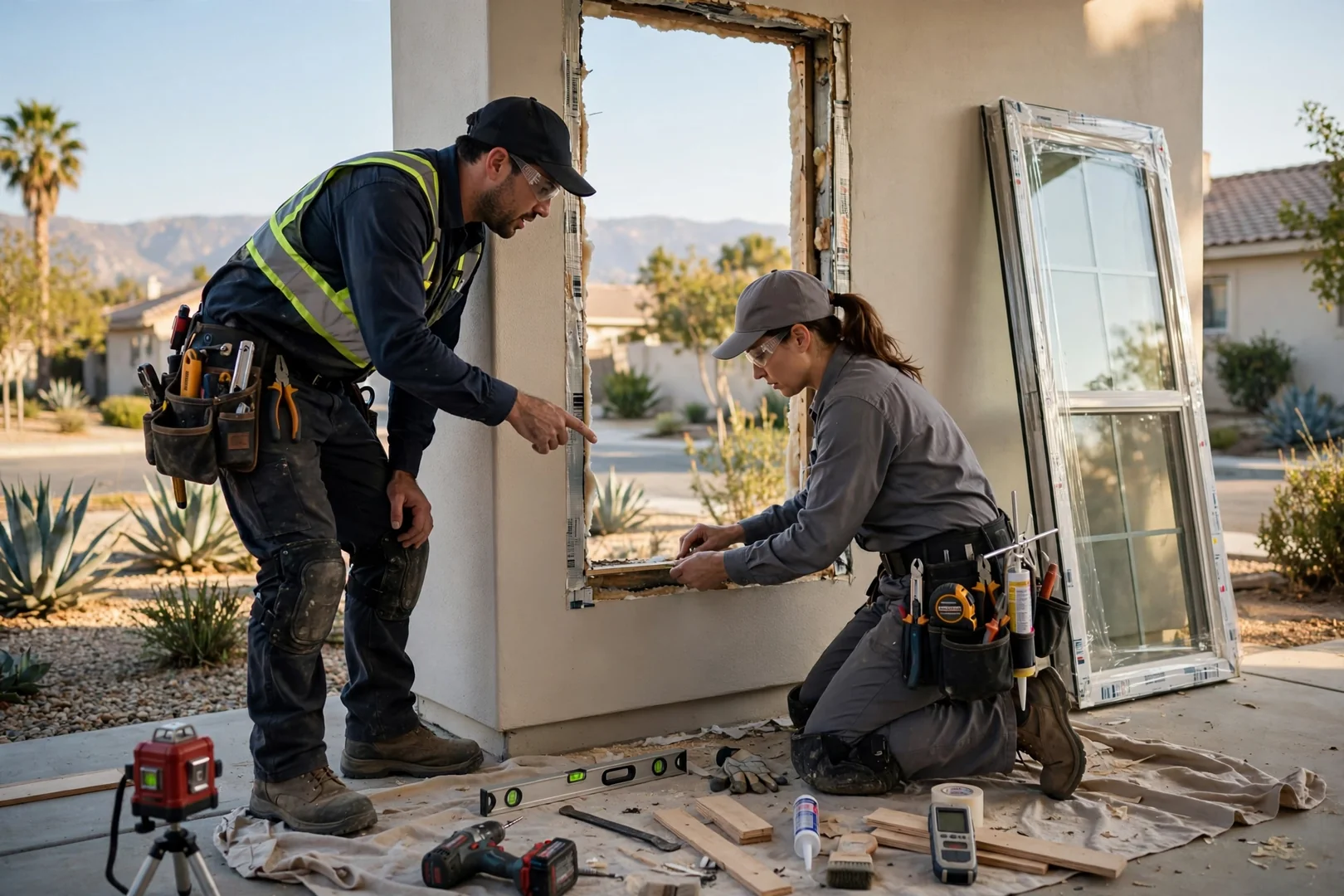 Window technician answering a service call beside a marked work van